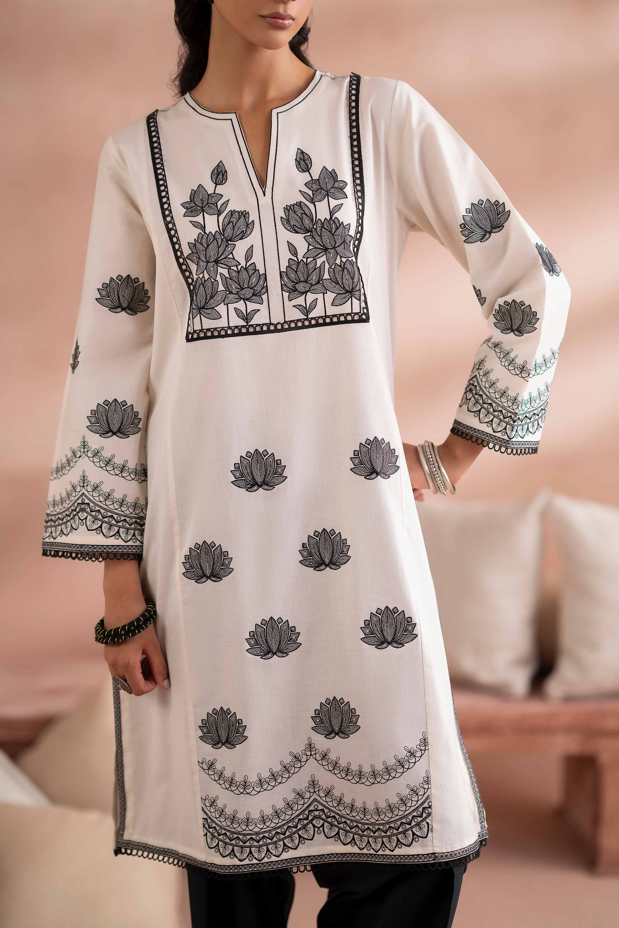 2 Piece - Embroidered Suit - PS25-128 READY TO WEAR White Cambric 2PC Embroidered
