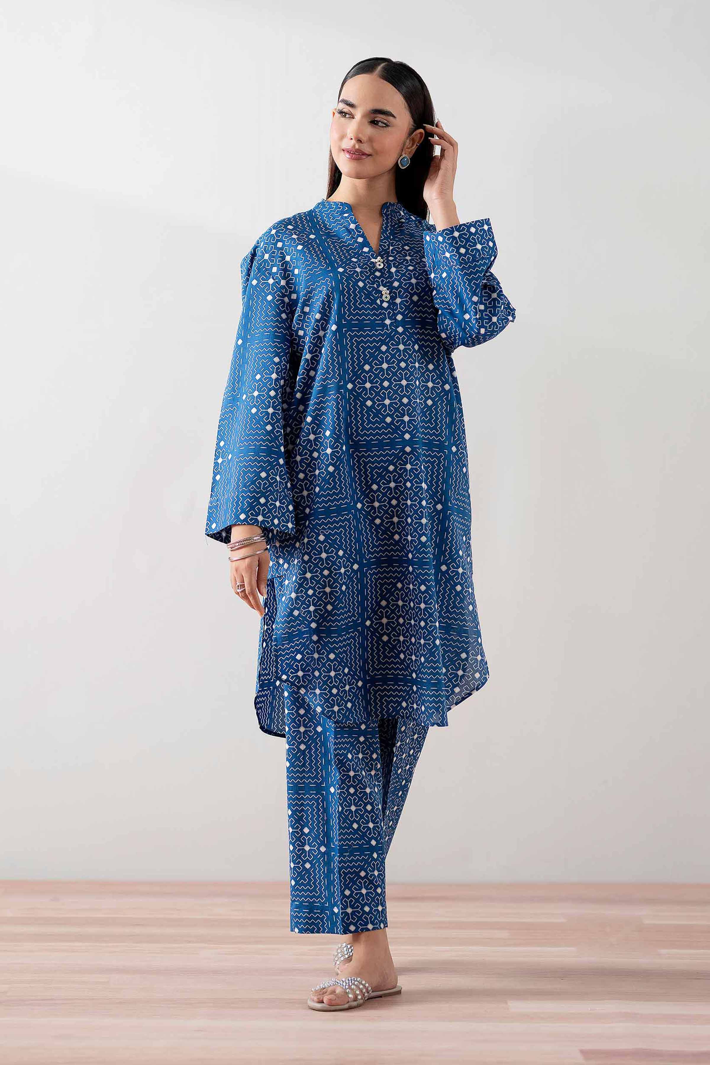 2 Piece - Printed Suit - PS25-143 READY TO WEAR Blue Cambric 2PC Printed