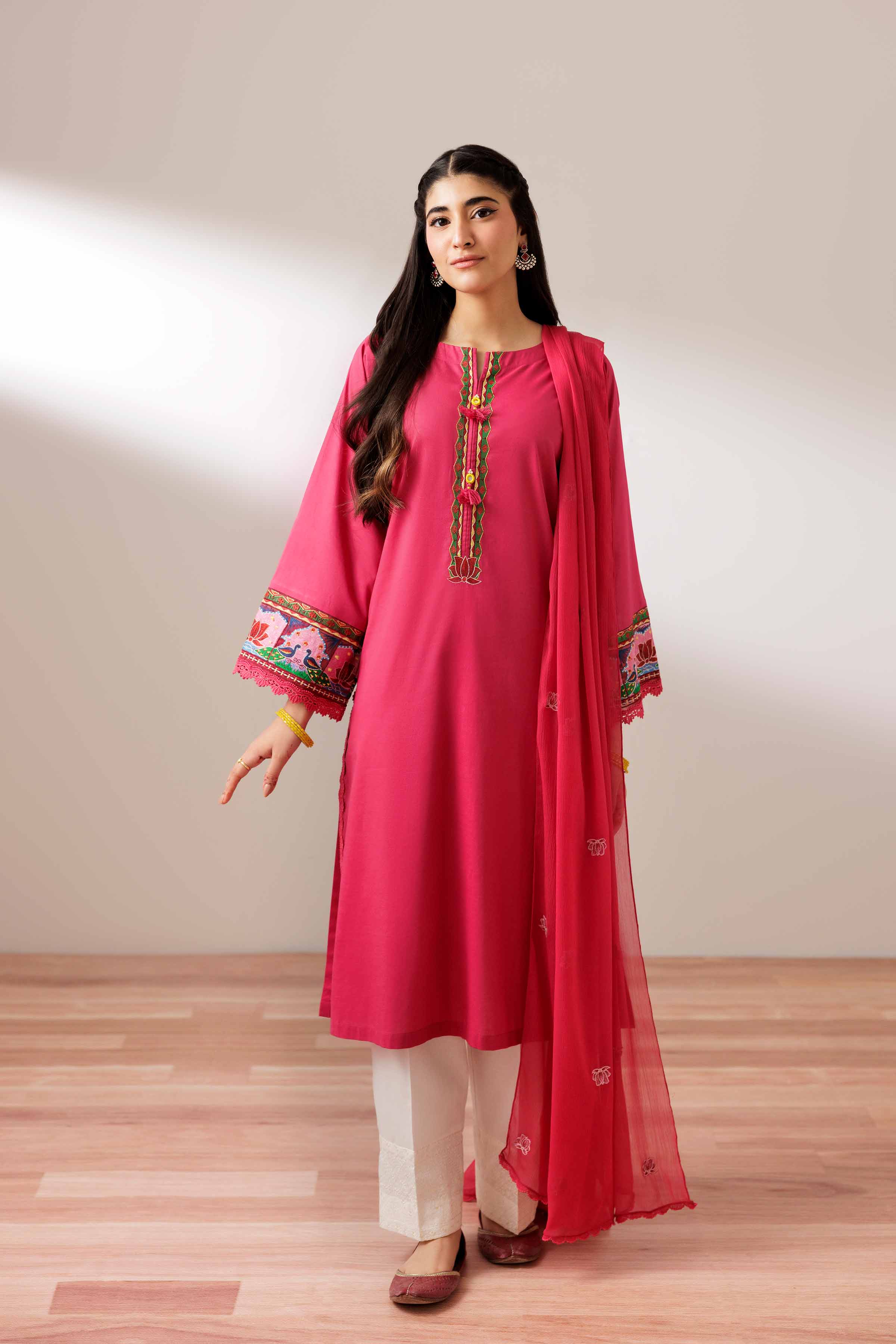 2 Piece - Embroidered Suit - PS25-191 READY TO WEAR Pink Cambric 2PC Embroidered