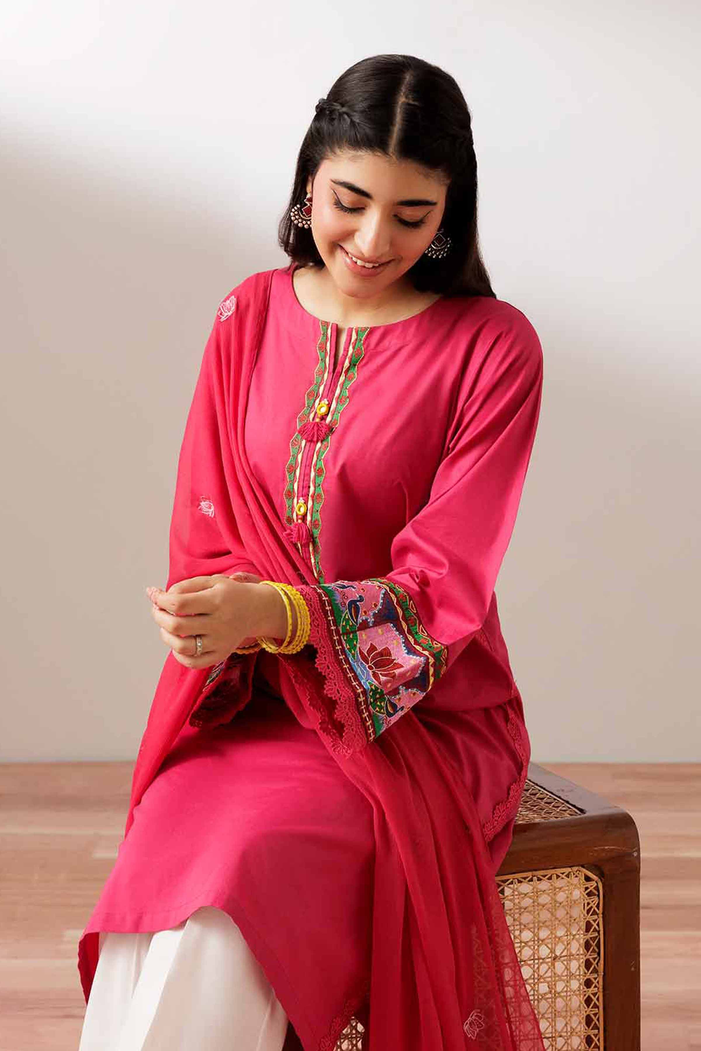 2 Piece - Embroidered Suit - PS25-191 READY TO WEAR Pink Cambric 2PC Embroidered