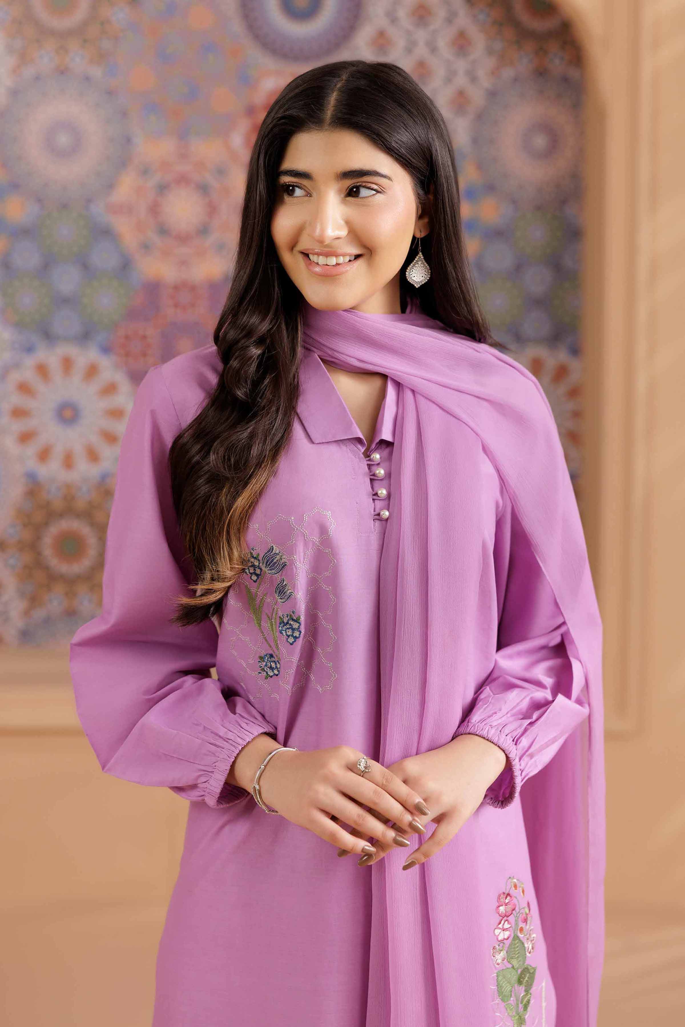 3 Piece - Embroidered Suit - PS25-197 READY TO WEAR Purple Cambric 3PC Embroidered