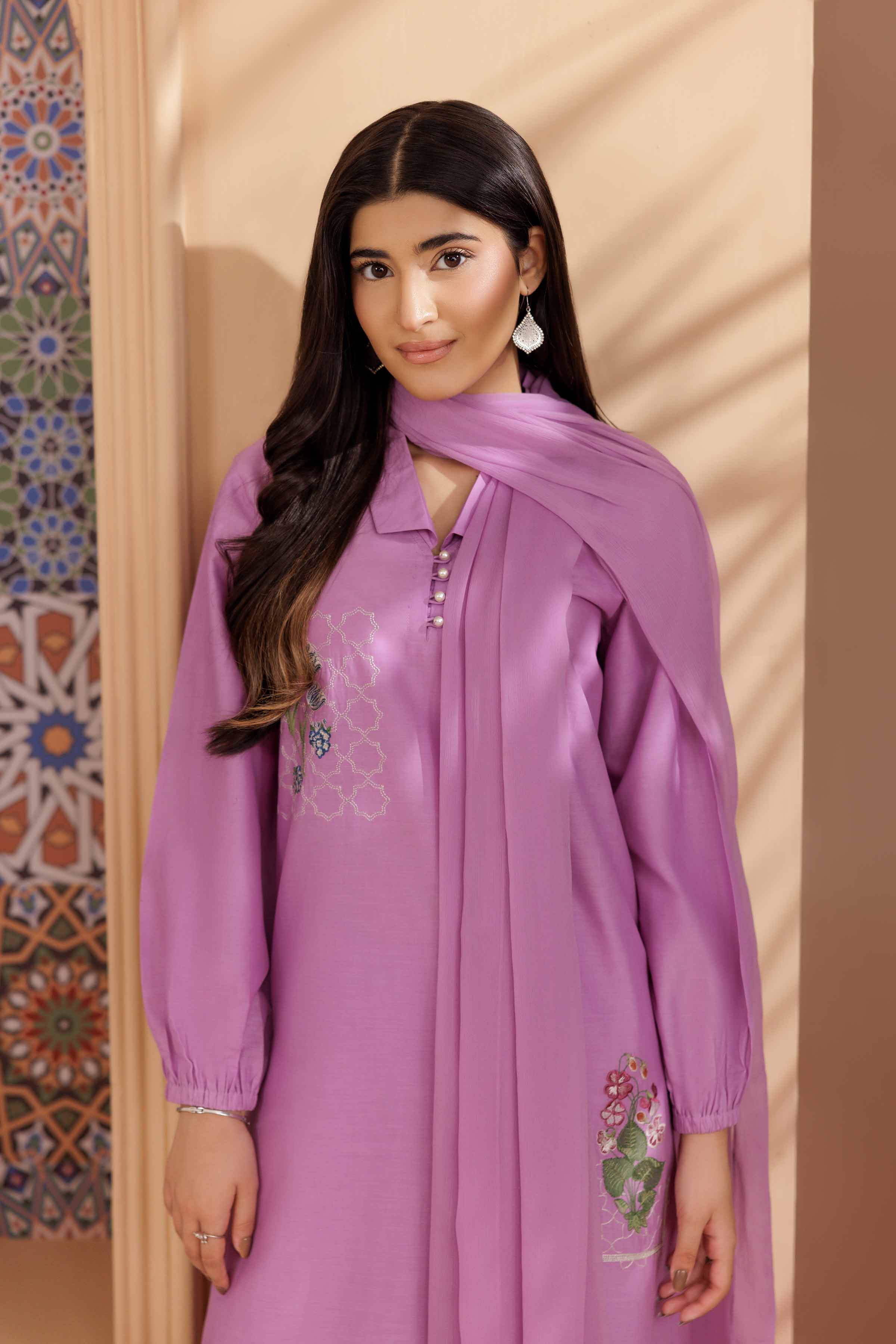 3 Piece - Embroidered Suit - PS25-197 READY TO WEAR Purple Cambric 3PC Embroidered
