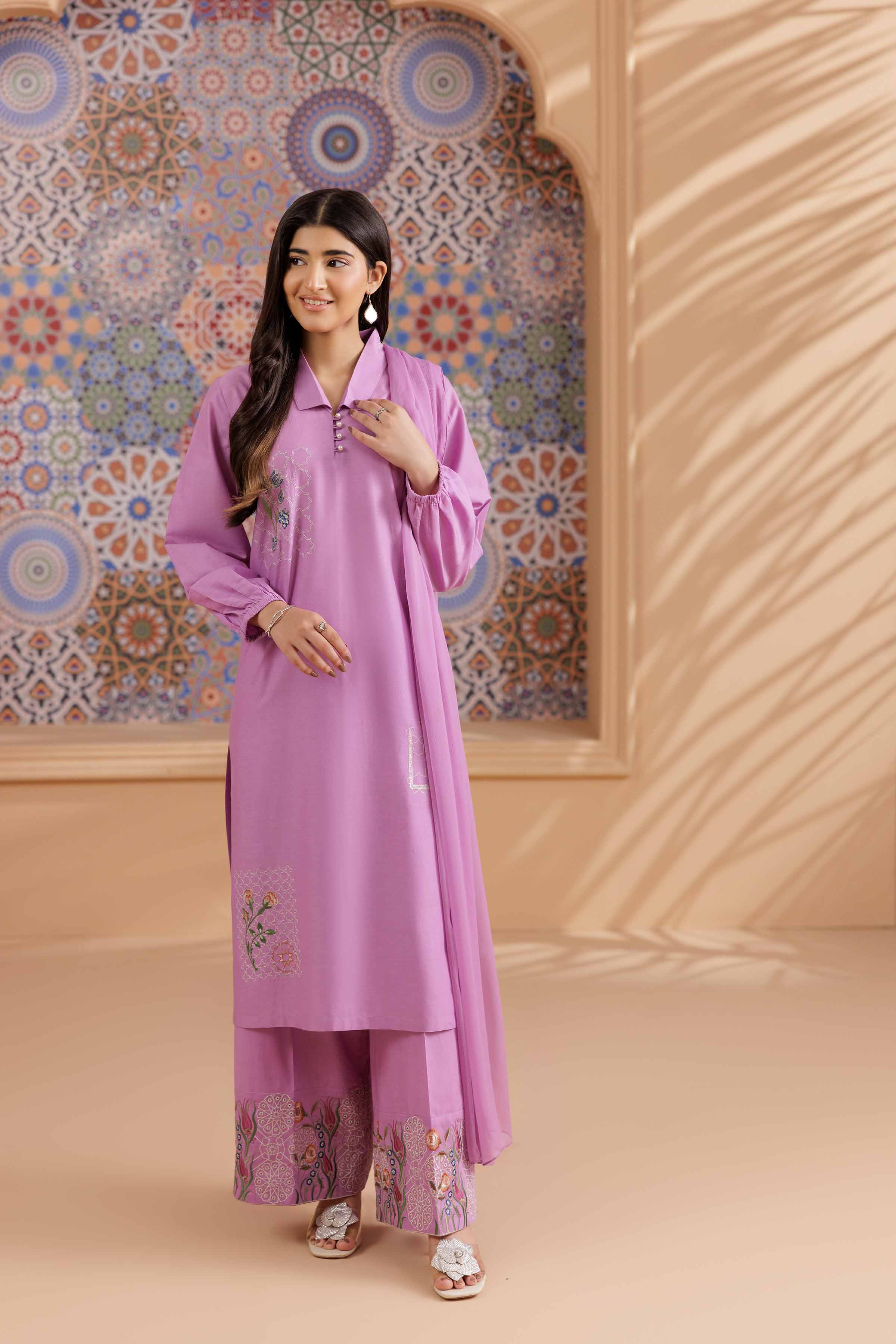3 Piece - Embroidered Suit - PS25-197 READY TO WEAR Purple Cambric 3PC Embroidered