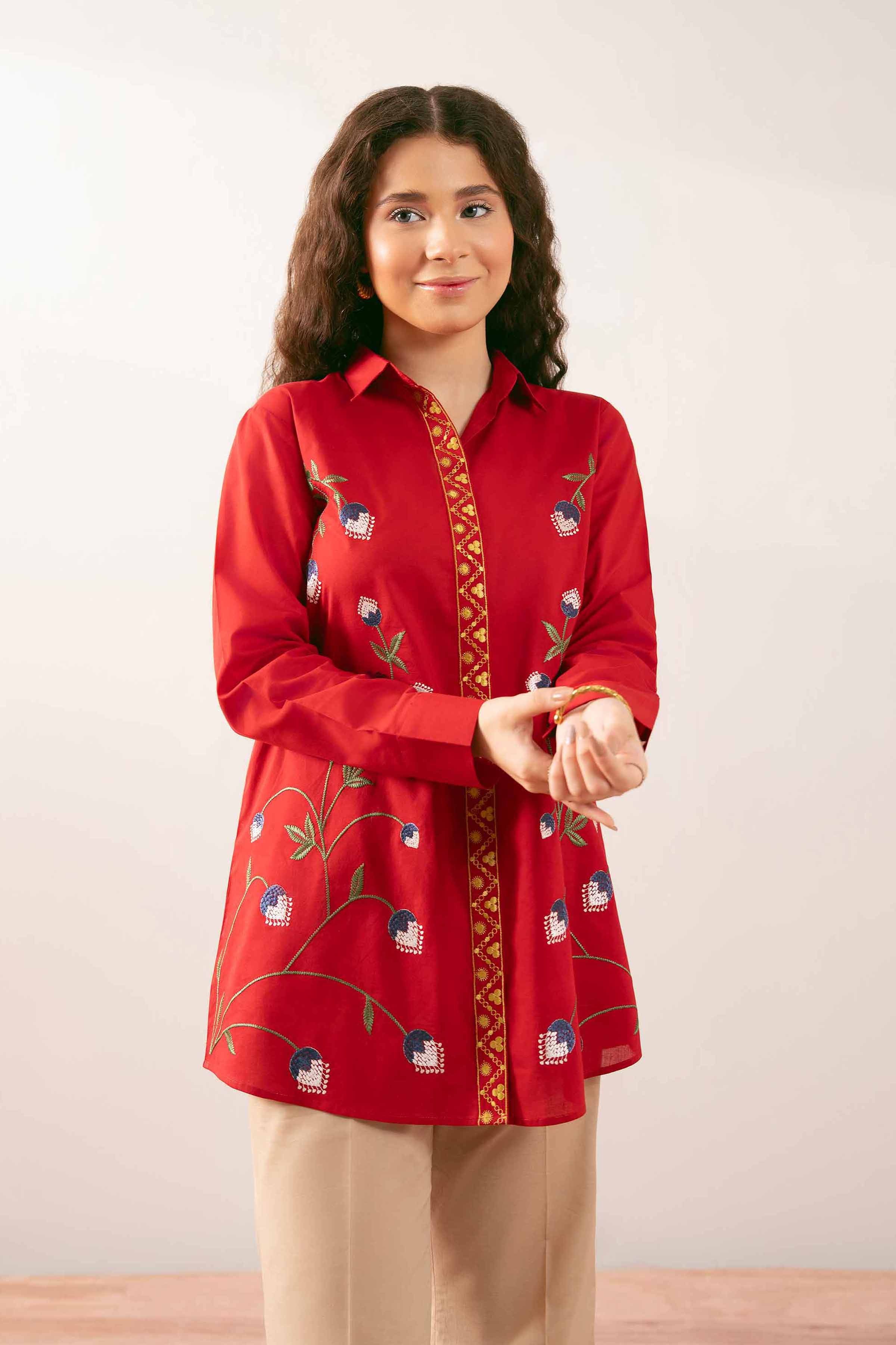 Embroidered Tunic - PS25-198 READY TO WEAR Red Cambric 1PC Embroidered