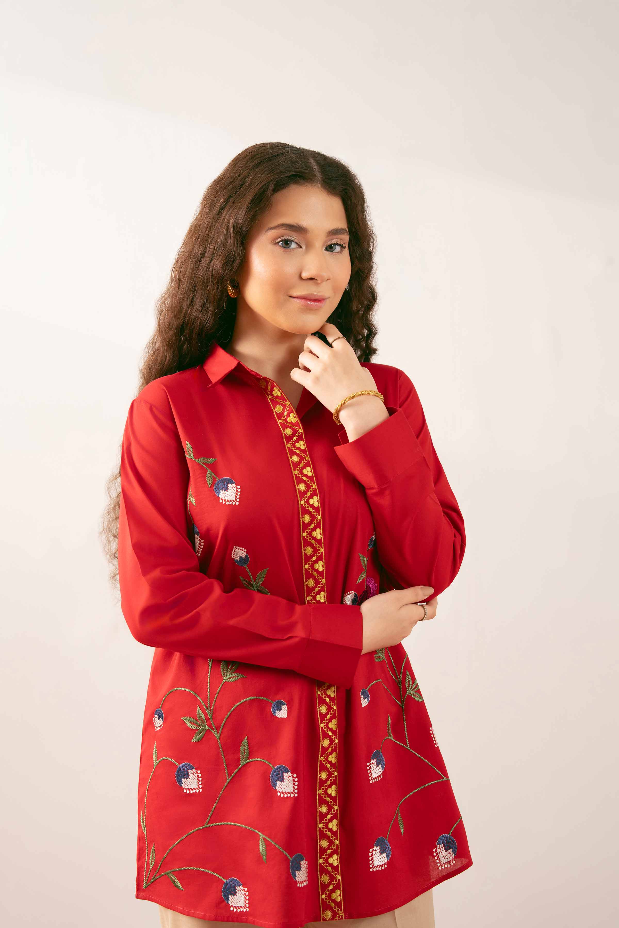 Embroidered Tunic - PS25-198 READY TO WEAR Red Cambric 1PC Embroidered