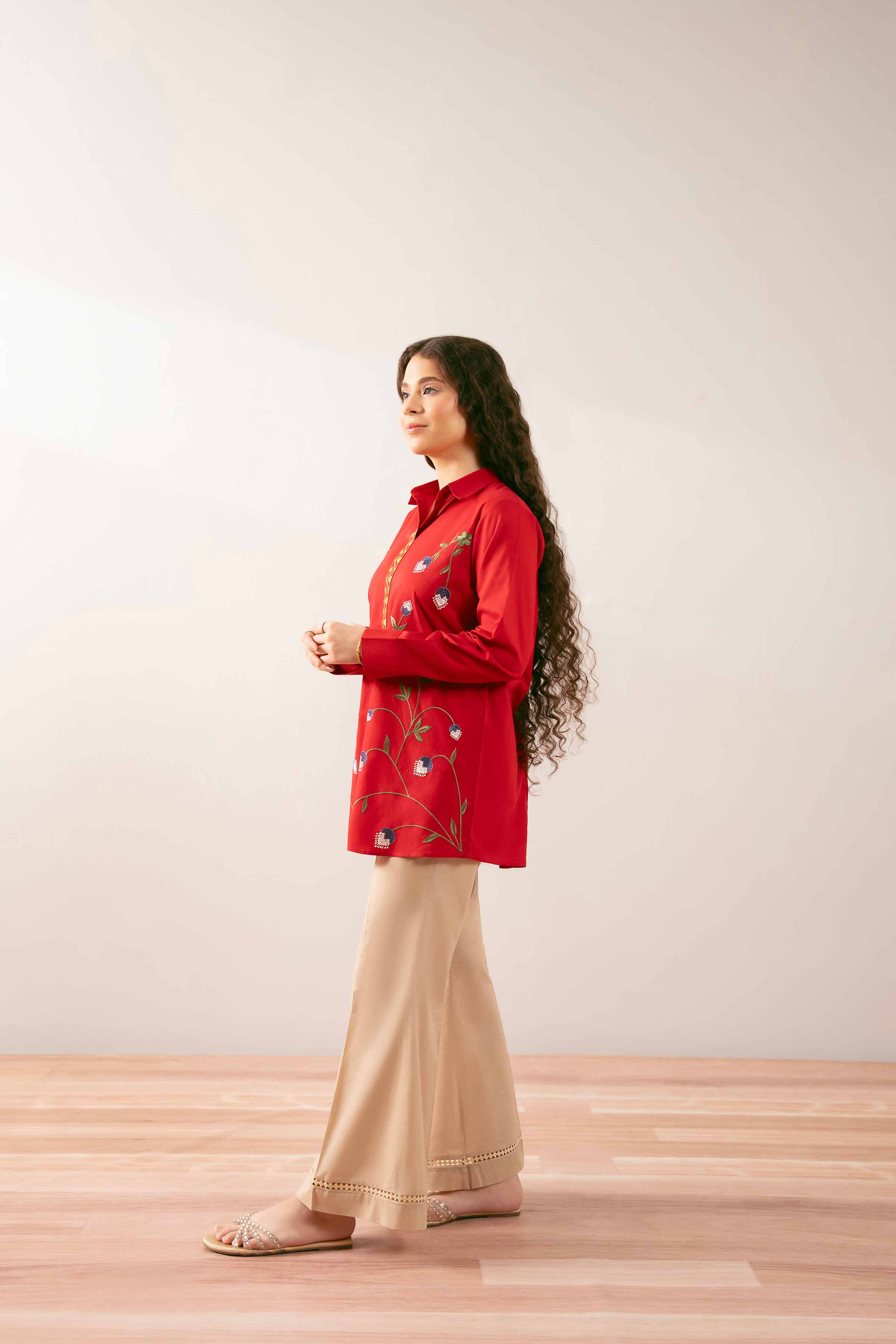 Embroidered Tunic - PS25-198 READY TO WEAR Red Cambric 1PC Embroidered