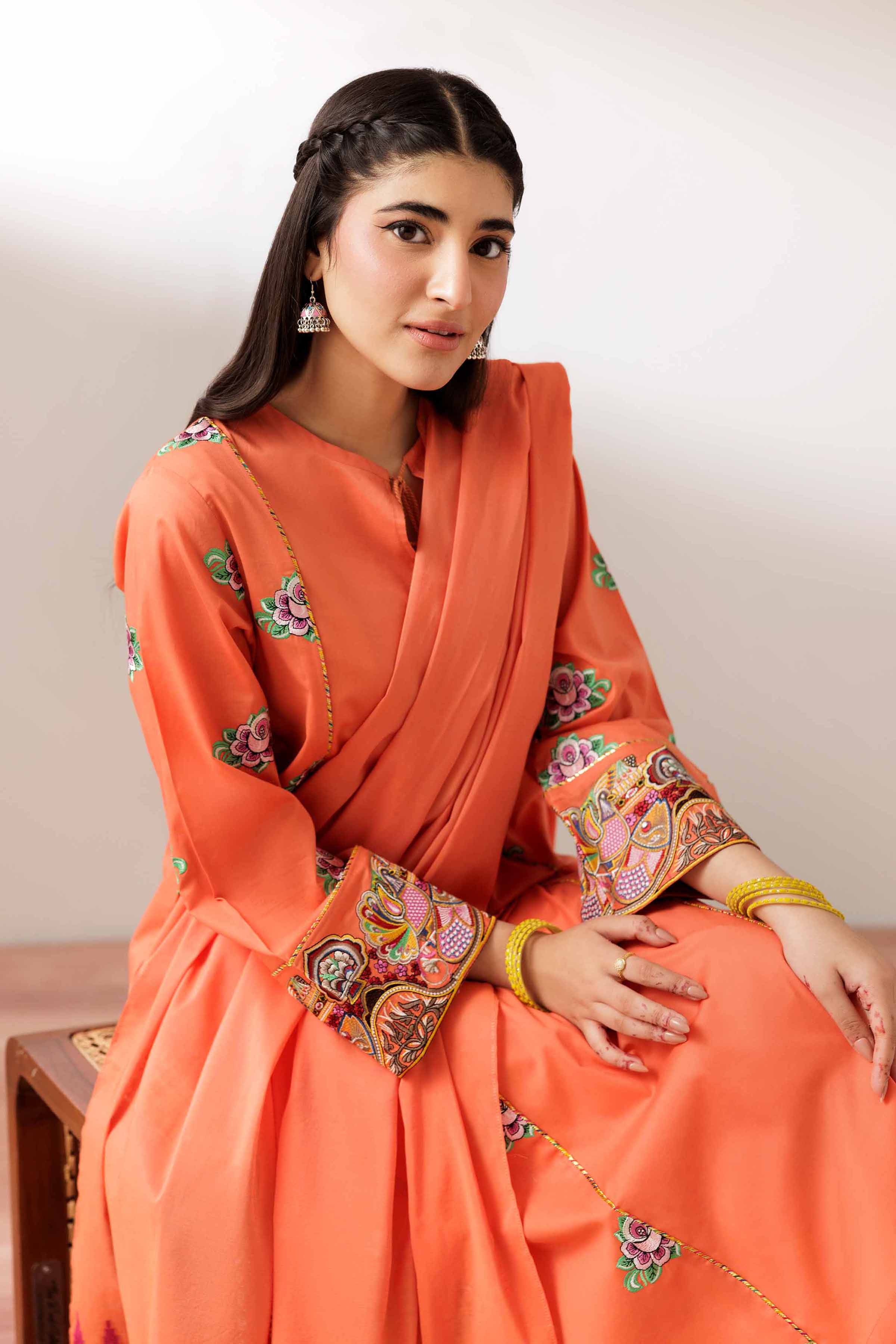 2 Piece - Embroidered Suit - PS25-199 READY TO WEAR Orange Cambric 2PC Embroidered