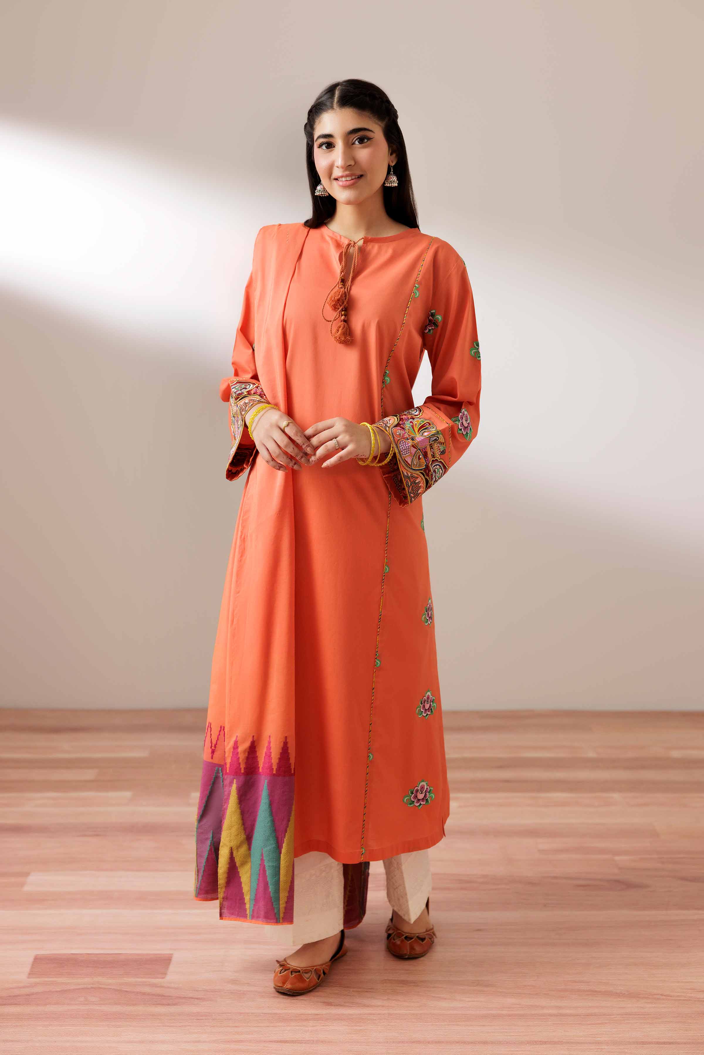 2 Piece - Embroidered Suit - PS25-199 READY TO WEAR Orange Cambric 2PC Embroidered