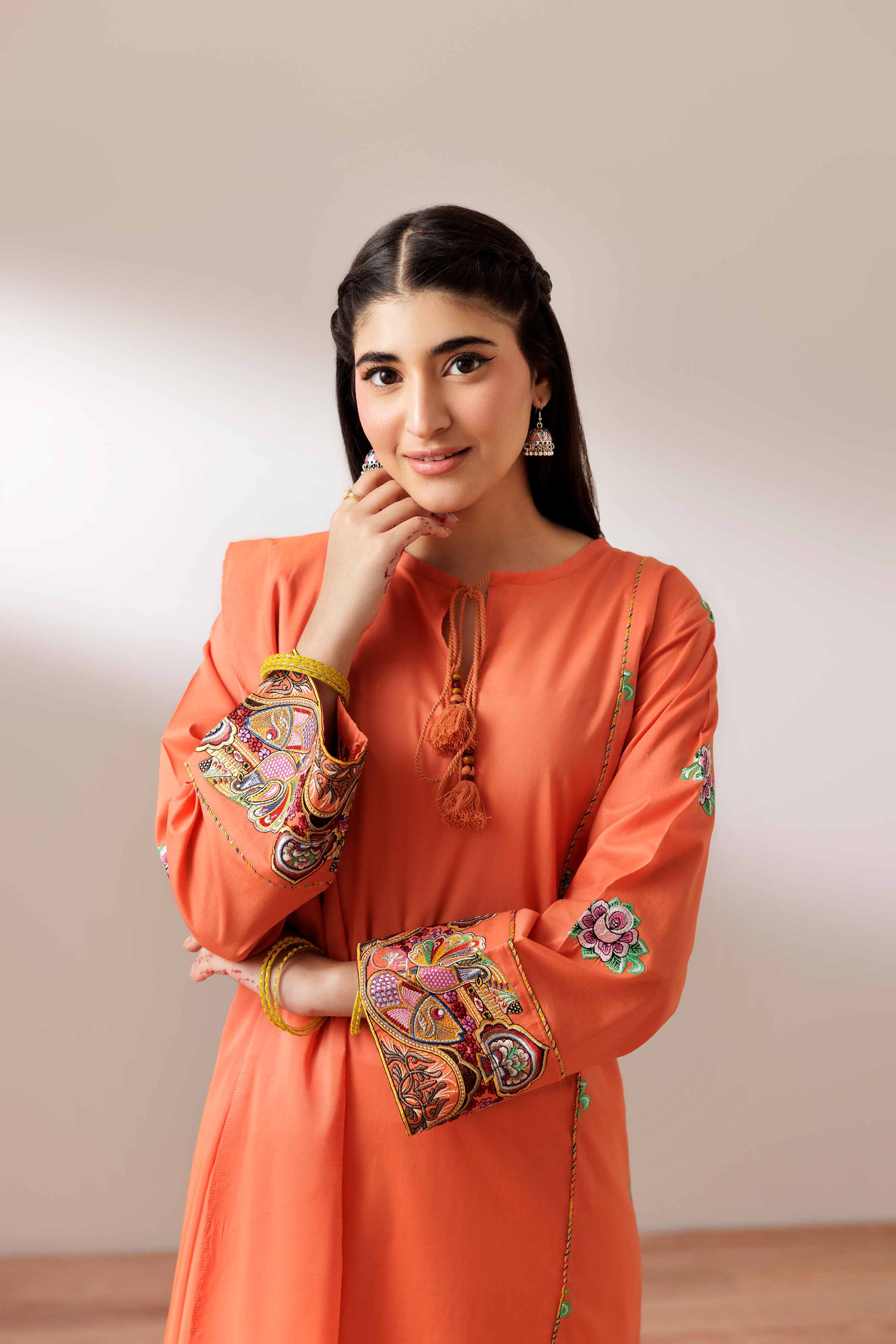 2 Piece - Embroidered Suit - PS25-199 READY TO WEAR Orange Cambric 2PC Embroidered