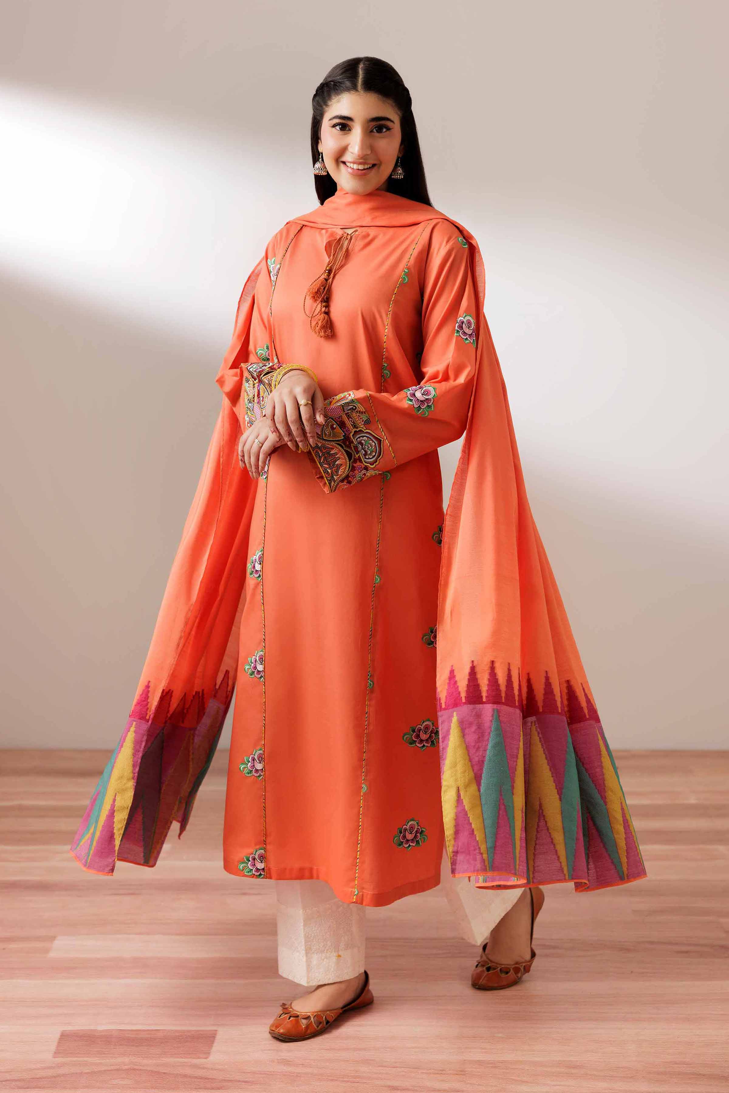 2 Piece - Embroidered Suit - PS25-199 READY TO WEAR Orange Cambric 2PC Embroidered