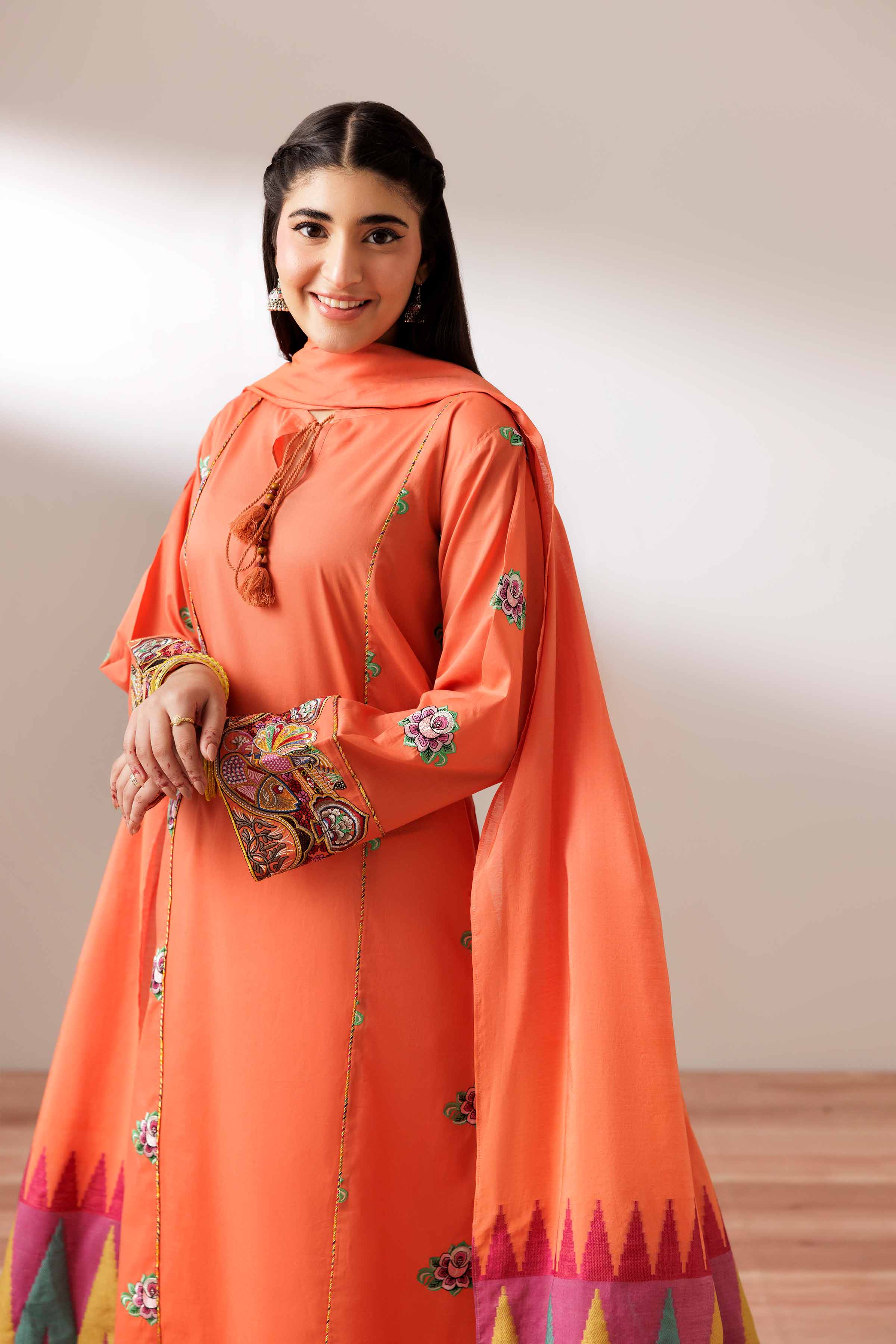 2 Piece - Embroidered Suit - PS25-199 READY TO WEAR Orange Cambric 2PC Embroidered
