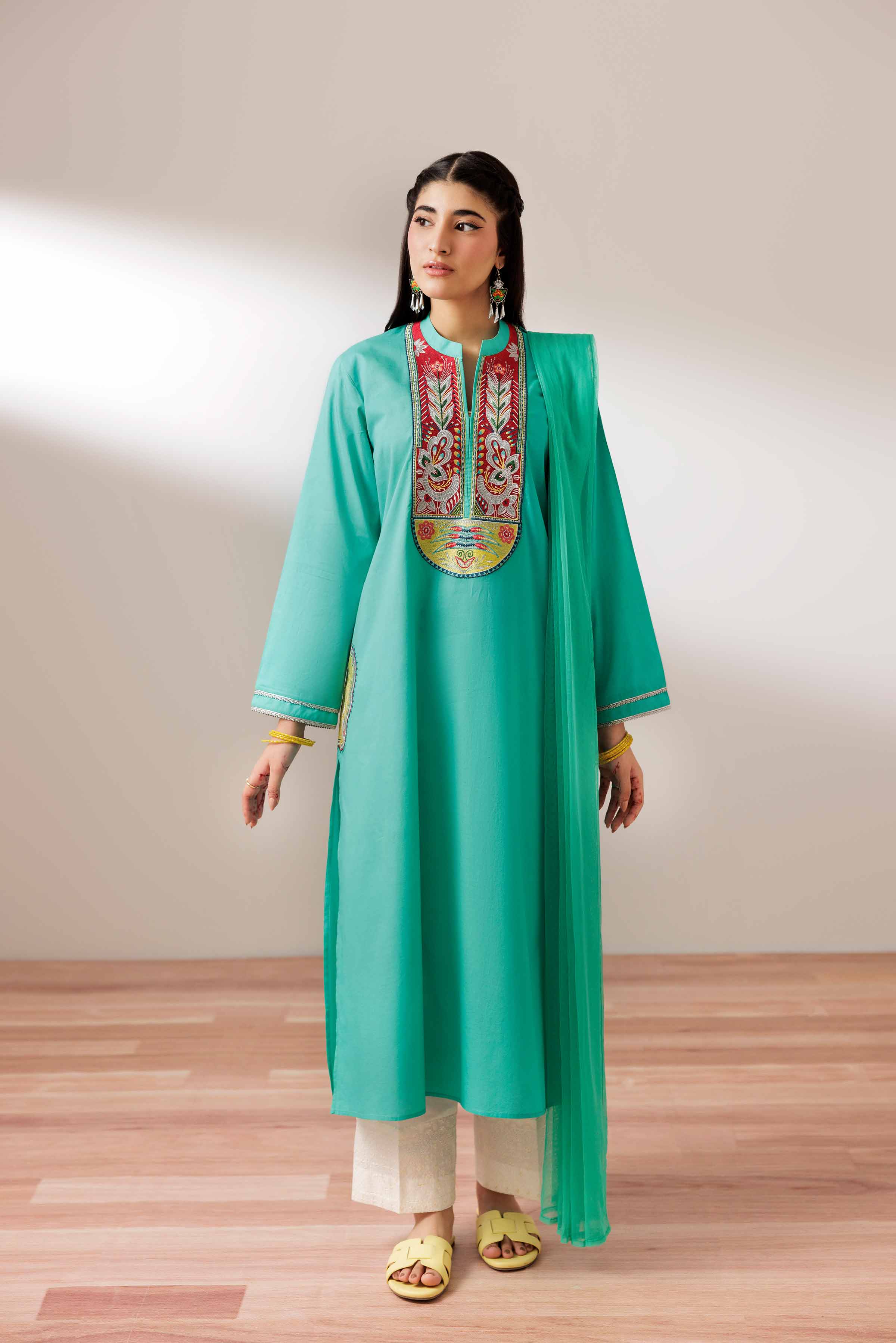 2 Piece - Embroidered Suit - PS25-203 READY TO WEAR Green Cambric 2 Pieces Embroidered