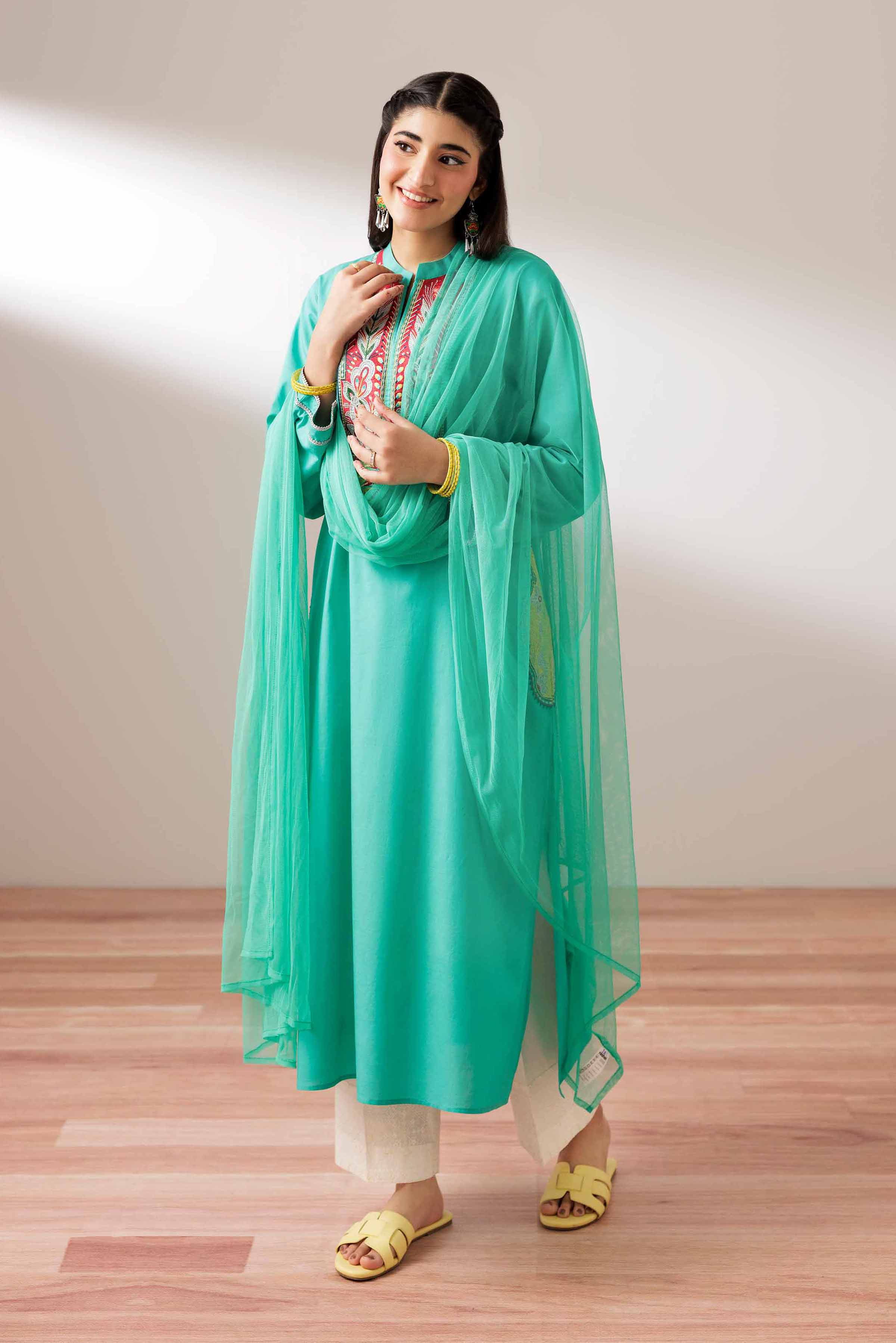 2 Piece - Embroidered Suit - PS25-203 READY TO WEAR Green Cambric 2 Pieces Embroidered