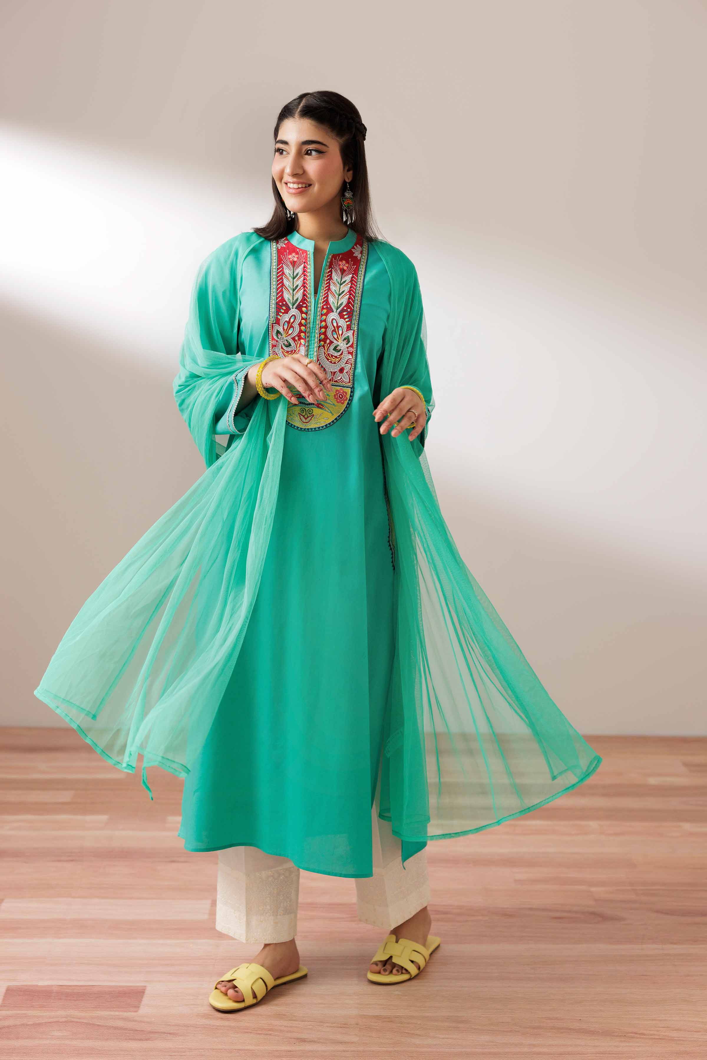 2 Piece - Embroidered Suit - PS25-203 READY TO WEAR Green Cambric 2 Pieces Embroidered