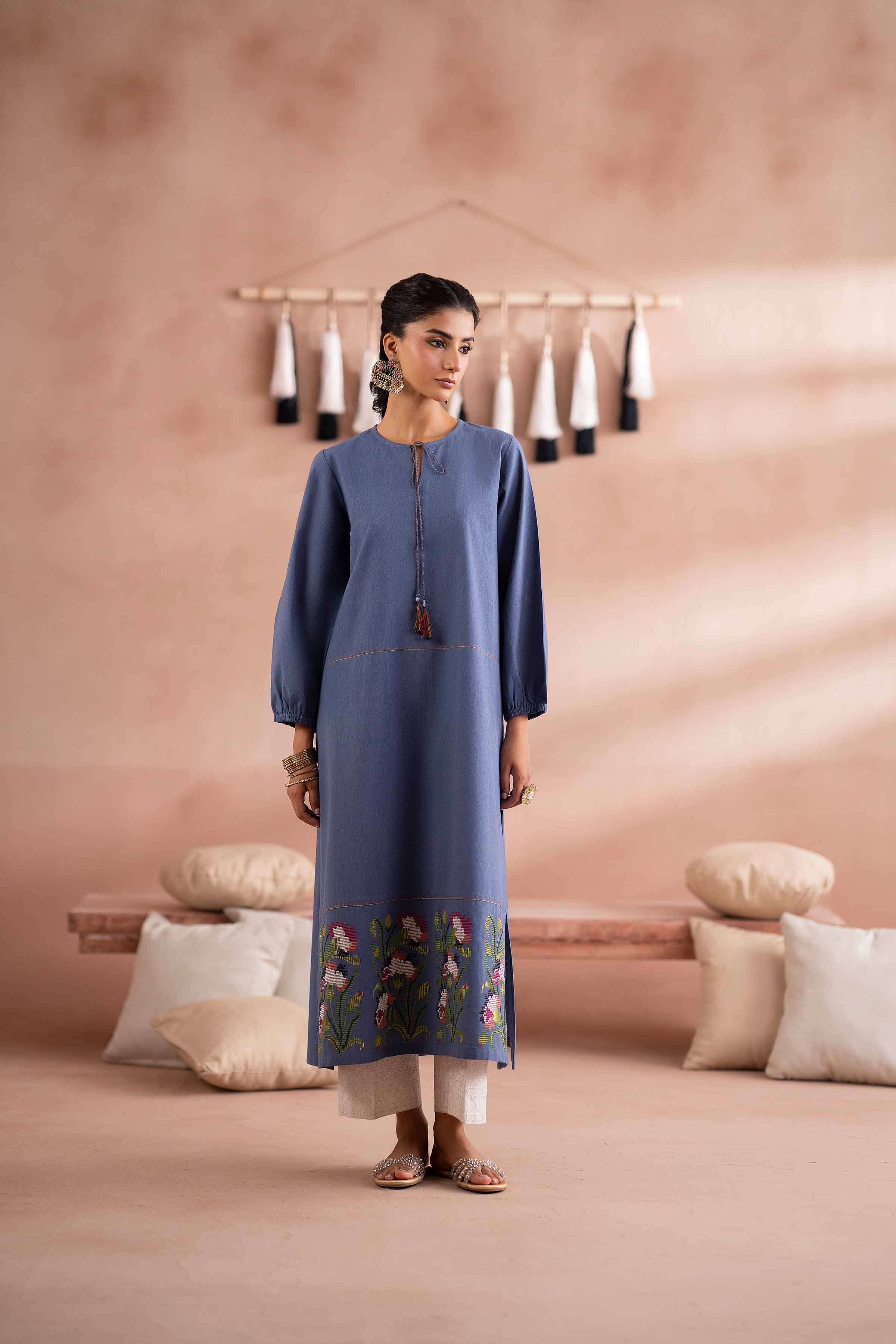Embroidered Shirt - PS25-209 READY TO WEAR Blue Cambric 1PC Embroidered