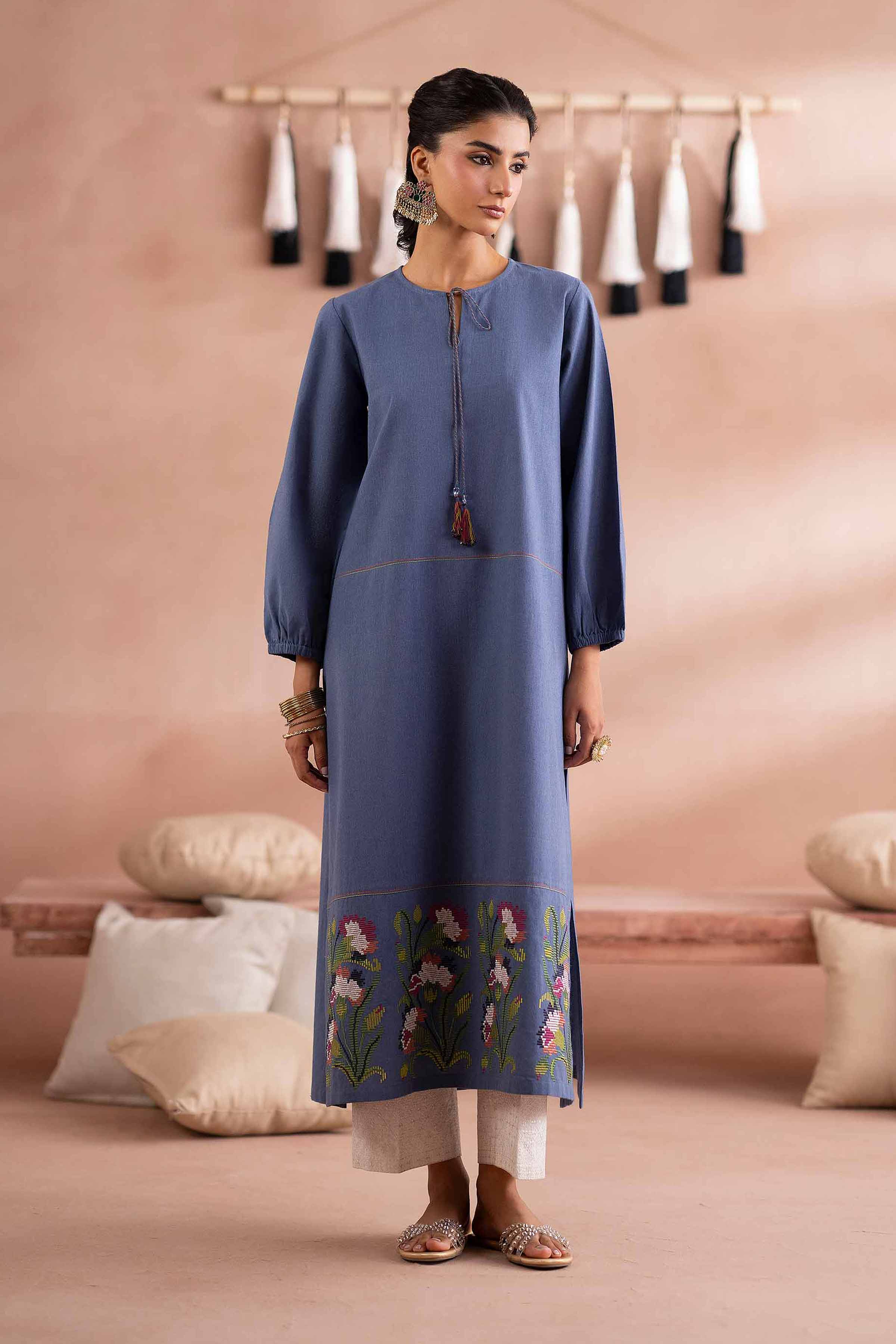 Embroidered Shirt - PS25-209 READY TO WEAR Blue Cambric 1PC Embroidered