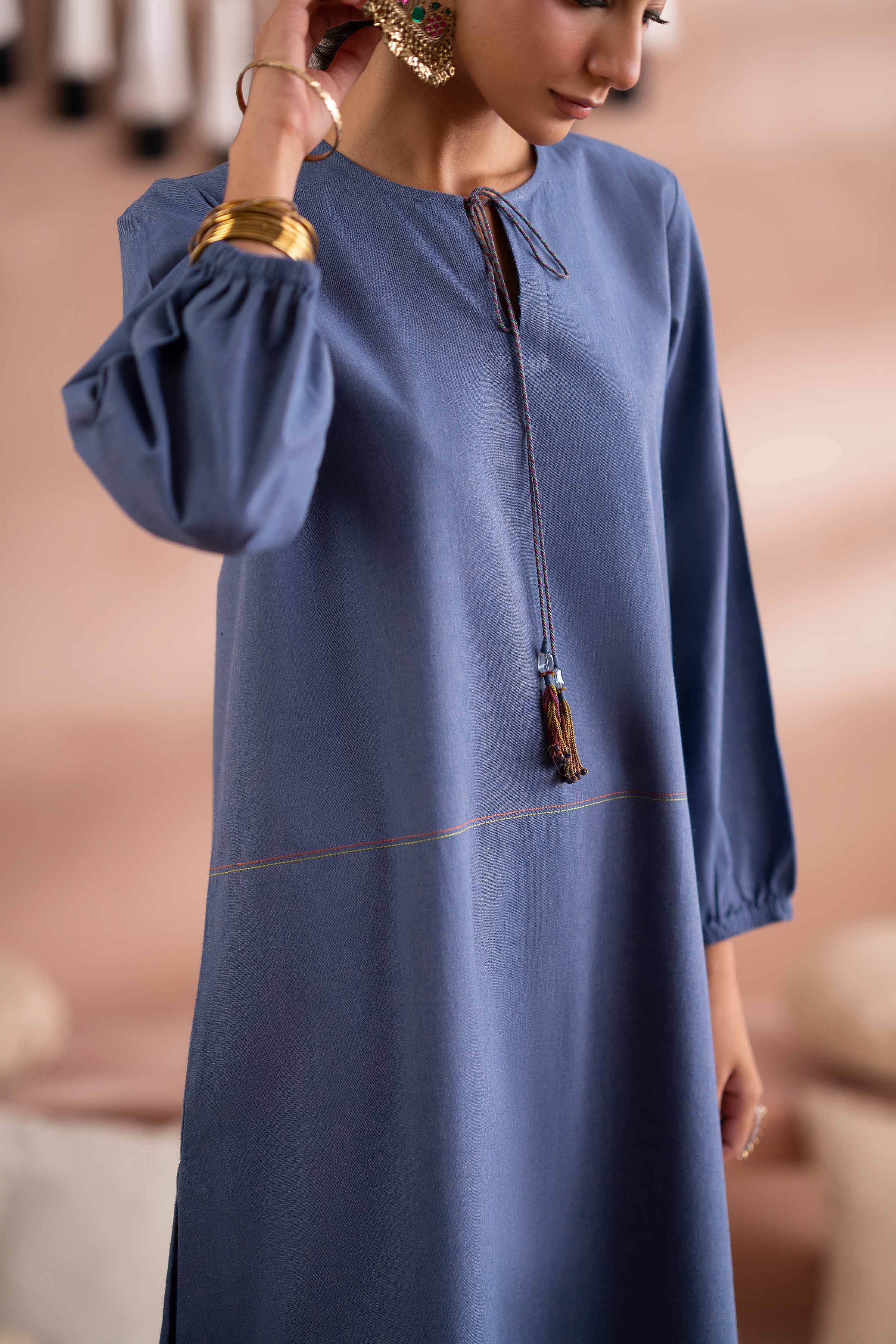 Embroidered Shirt - PS25-209 READY TO WEAR Blue Cambric 1PC Embroidered