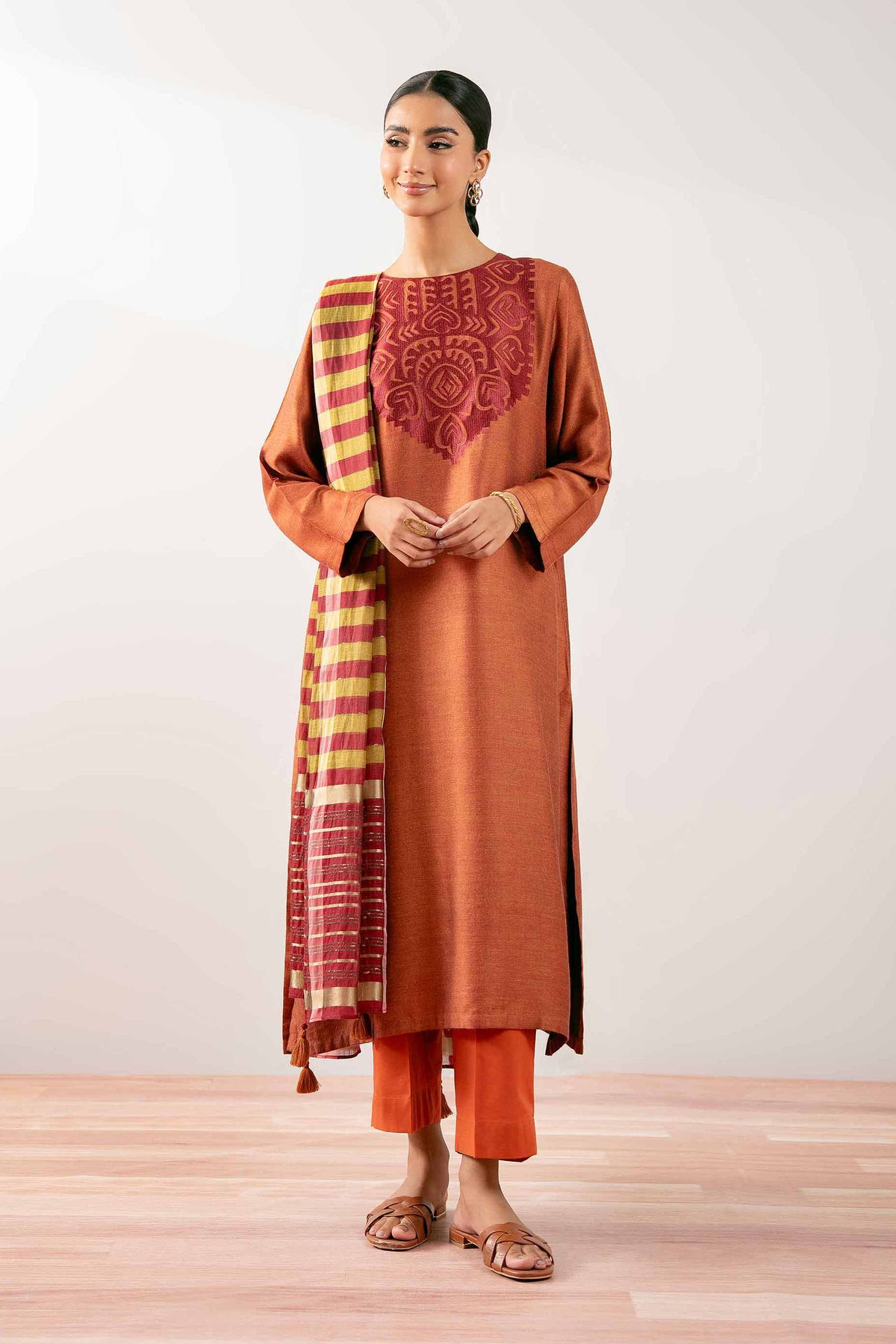 3 Piece - Embroidered Suit - PS25-212 Red Jacquard 3PC Embroidered Nishat Australia
