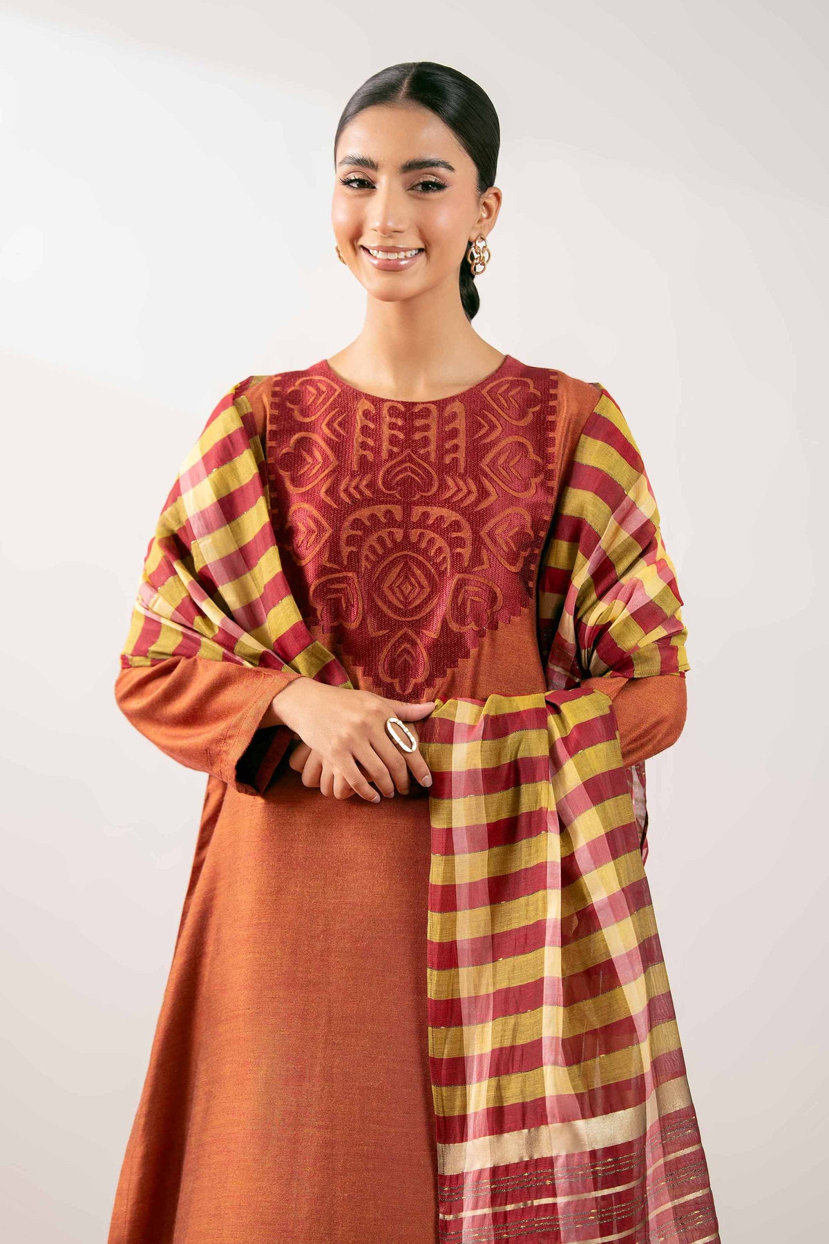 3 Piece - Embroidered Suit - PS25-212 Red Jacquard 3PC Embroidered Nishat Australia