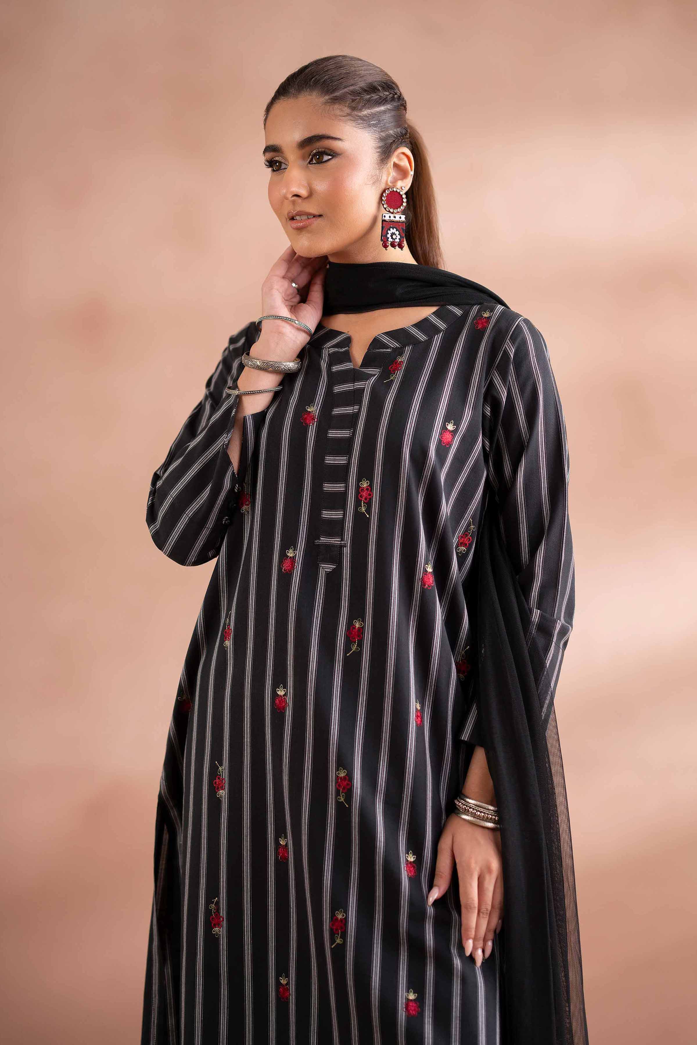 3 Piece - Embroidered Suit - PS25-214 READY TO WEAR Black Yarn Dyed 3PC Embroidered