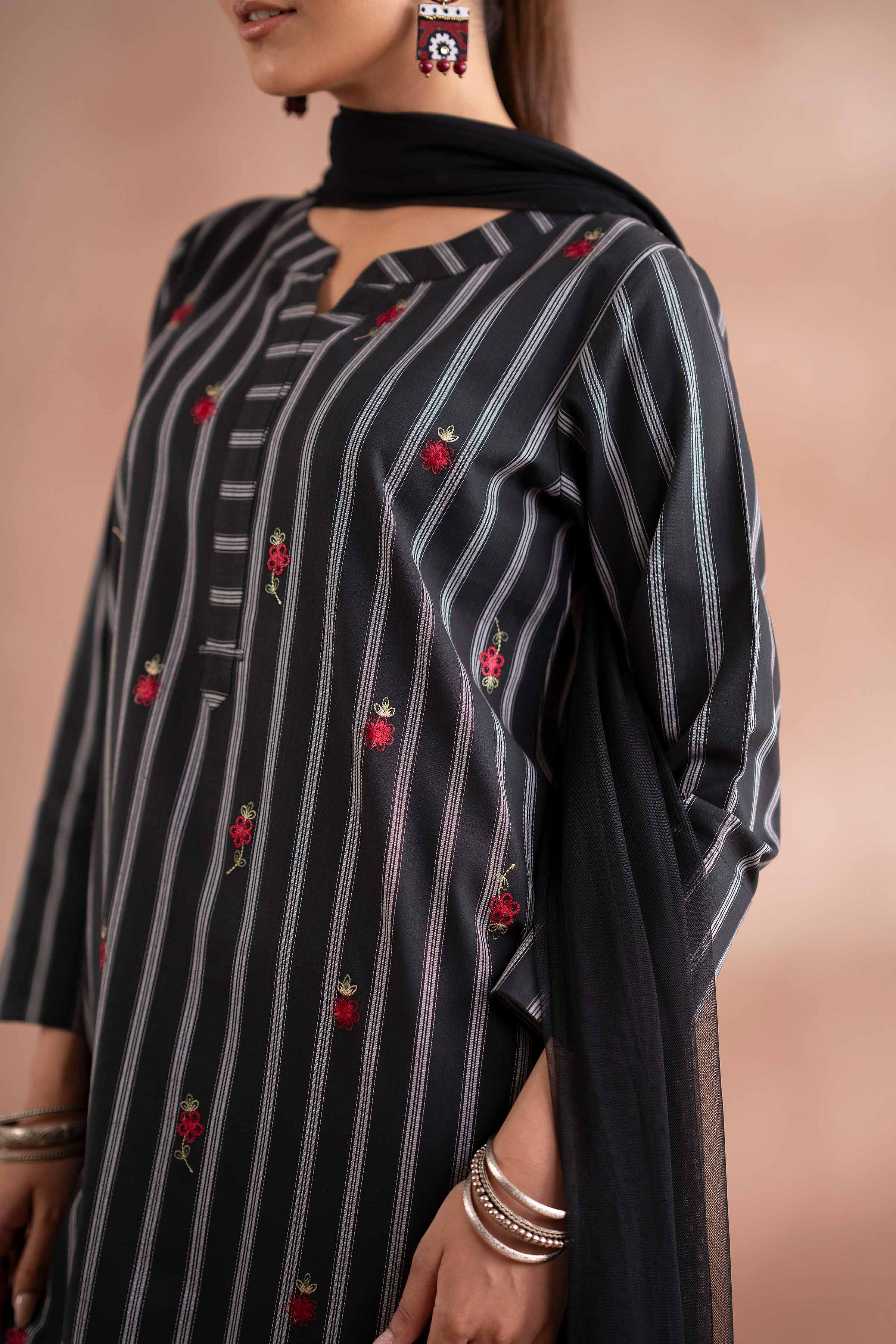 3 Piece - Embroidered Suit - PS25-214 READY TO WEAR Black Yarn Dyed 3PC Embroidered