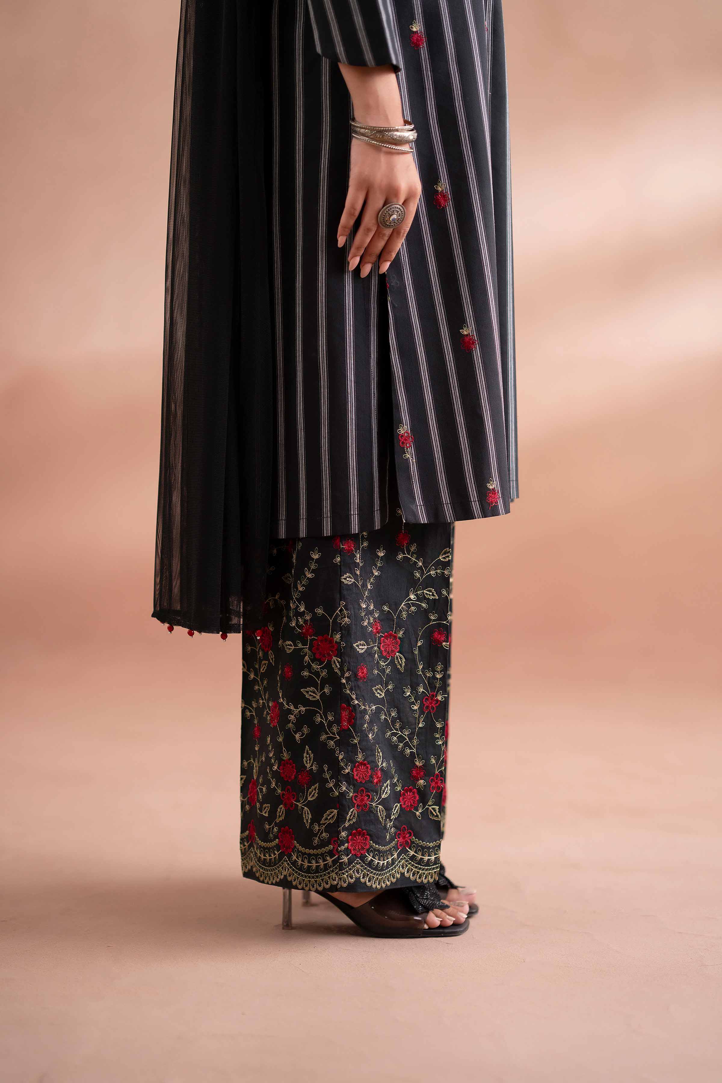 3 Piece - Embroidered Suit - PS25-214 READY TO WEAR Black Yarn Dyed 3PC Embroidered