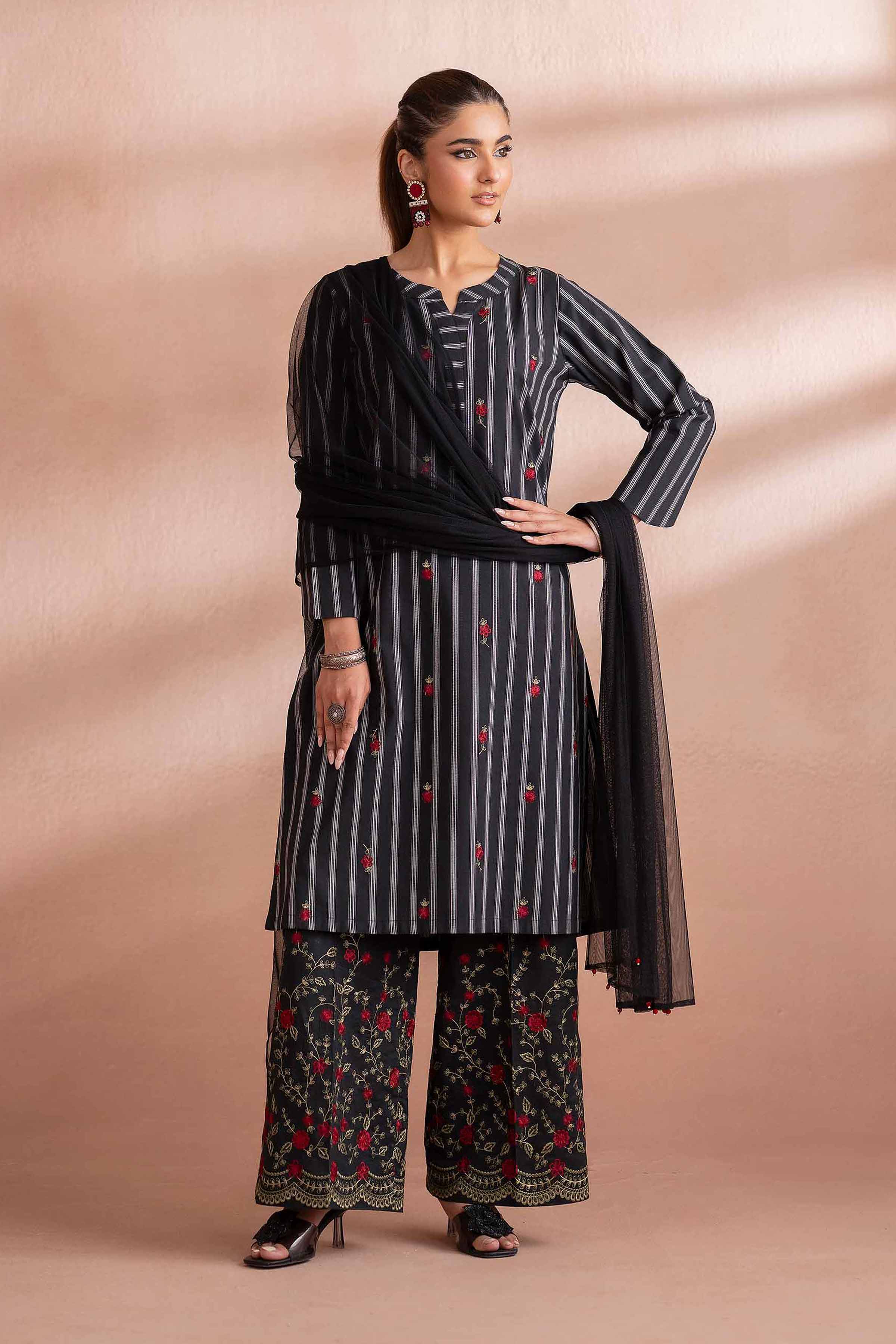 3 Piece - Embroidered Suit - PS25-214 READY TO WEAR Black Yarn Dyed 3PC Embroidered