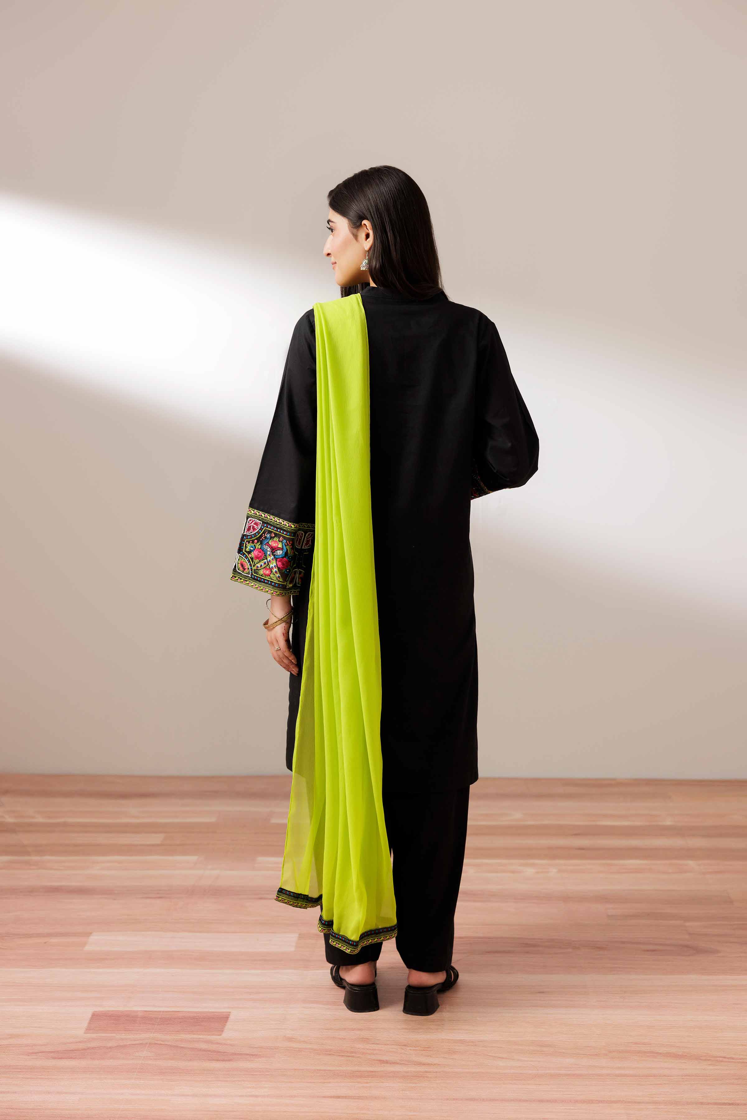 3 Piece - Embroidered Suit - PS25-257 READY TO WEAR Black Cambric 3PC Embroidered