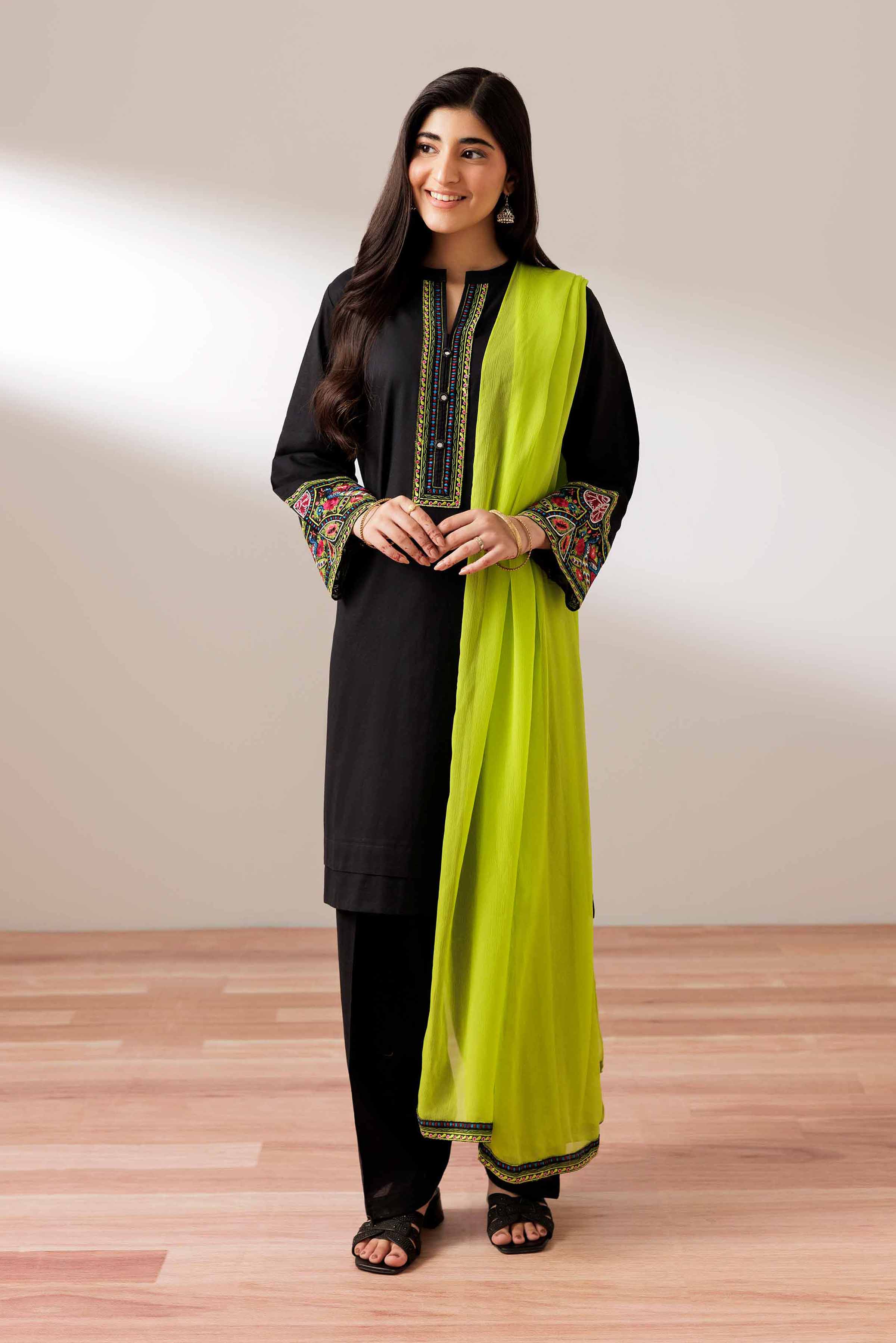 3 Piece - Embroidered Suit - PS25-257 READY TO WEAR Black Cambric 3PC Embroidered