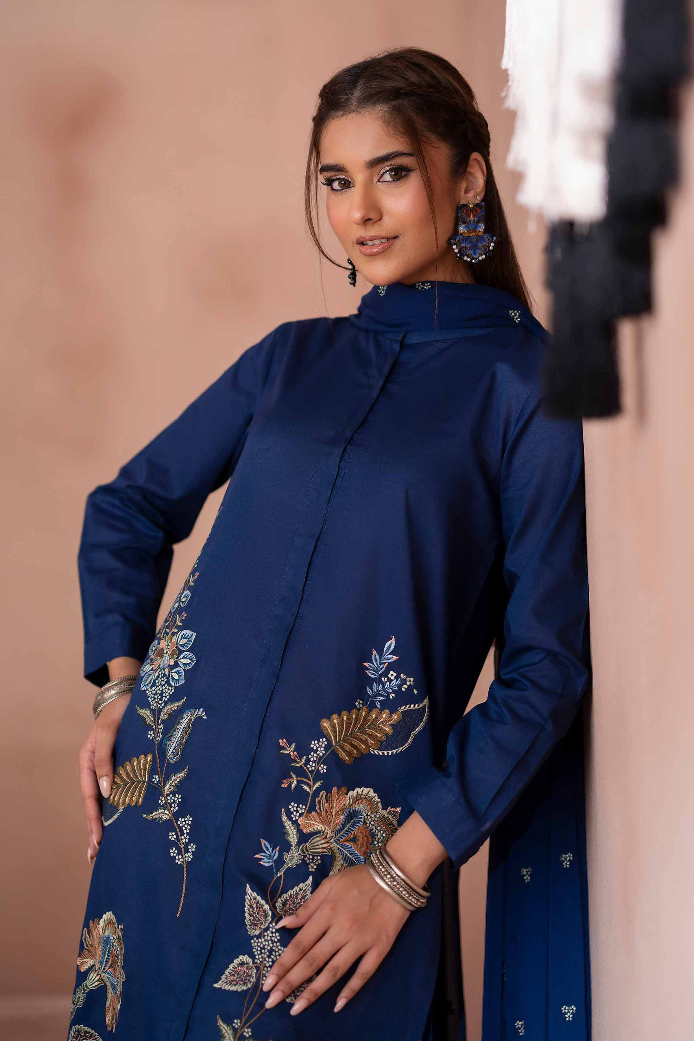 Embroidered Shirt - PS25-265 READY TO WEAR Blue Cambric 1PC Embroidered