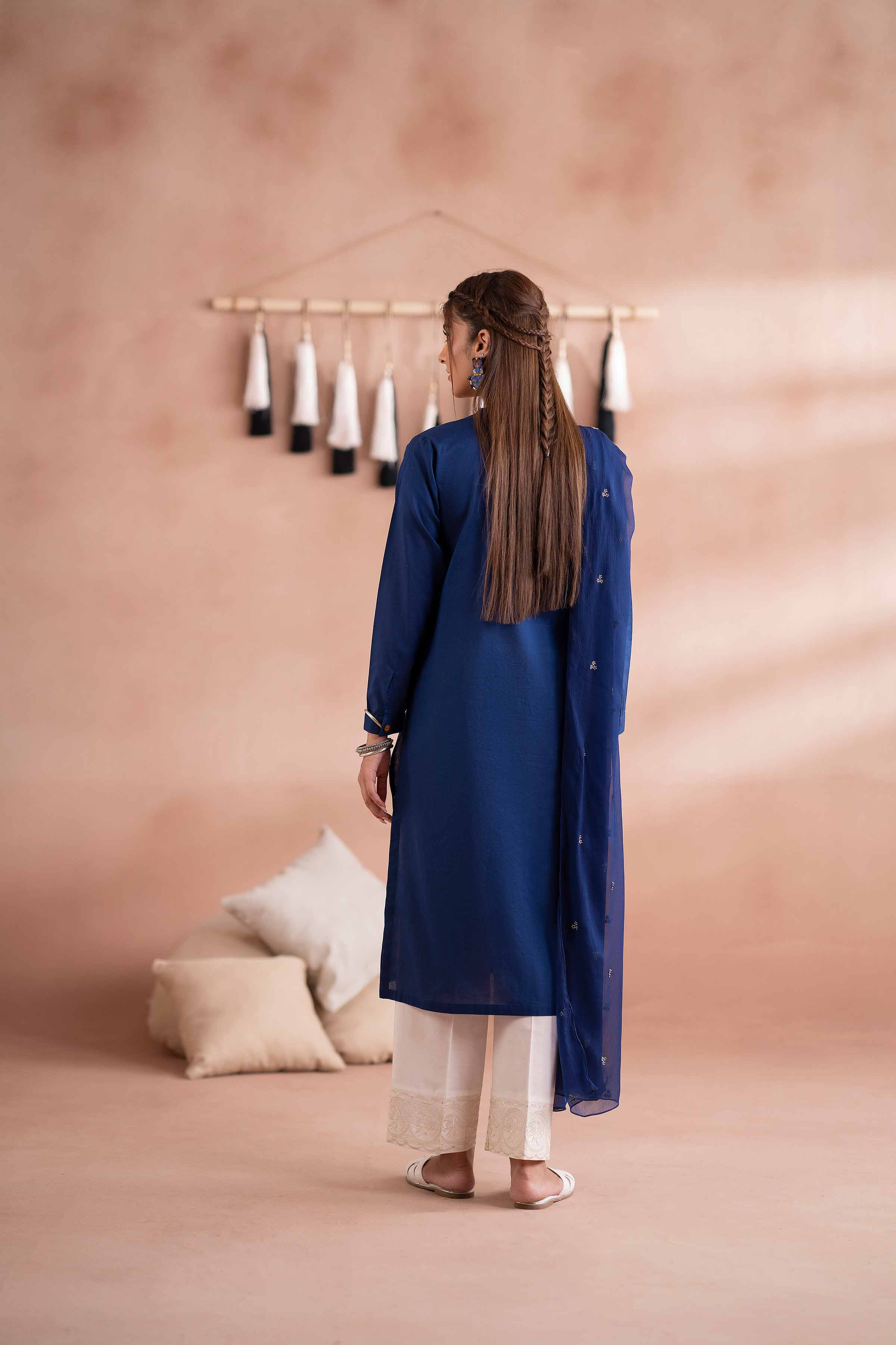 Embroidered Shirt - PS25-265 READY TO WEAR Blue Cambric 1PC Embroidered