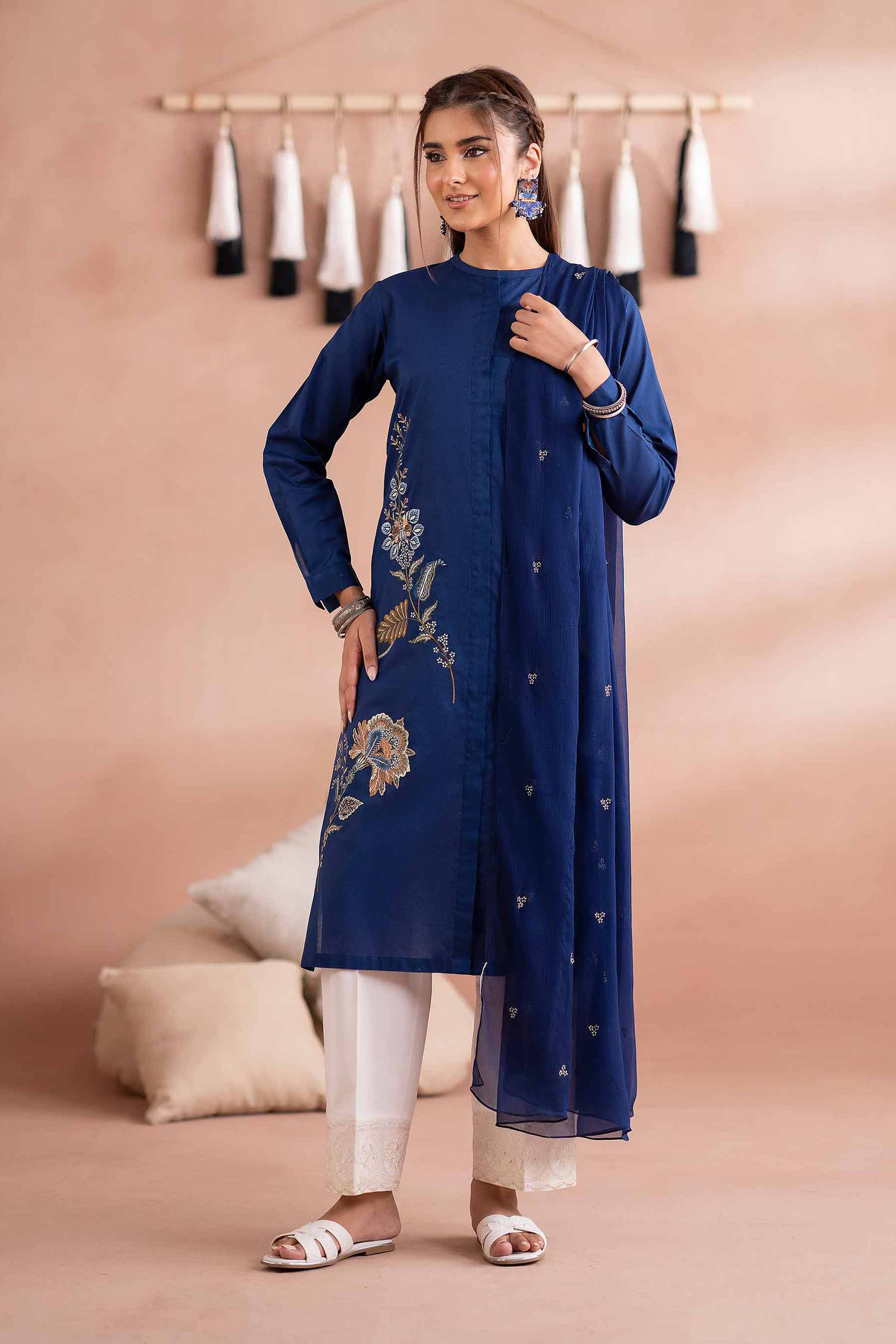 Embroidered Shirt - PS25-265 READY TO WEAR Blue Cambric 1PC Embroidered