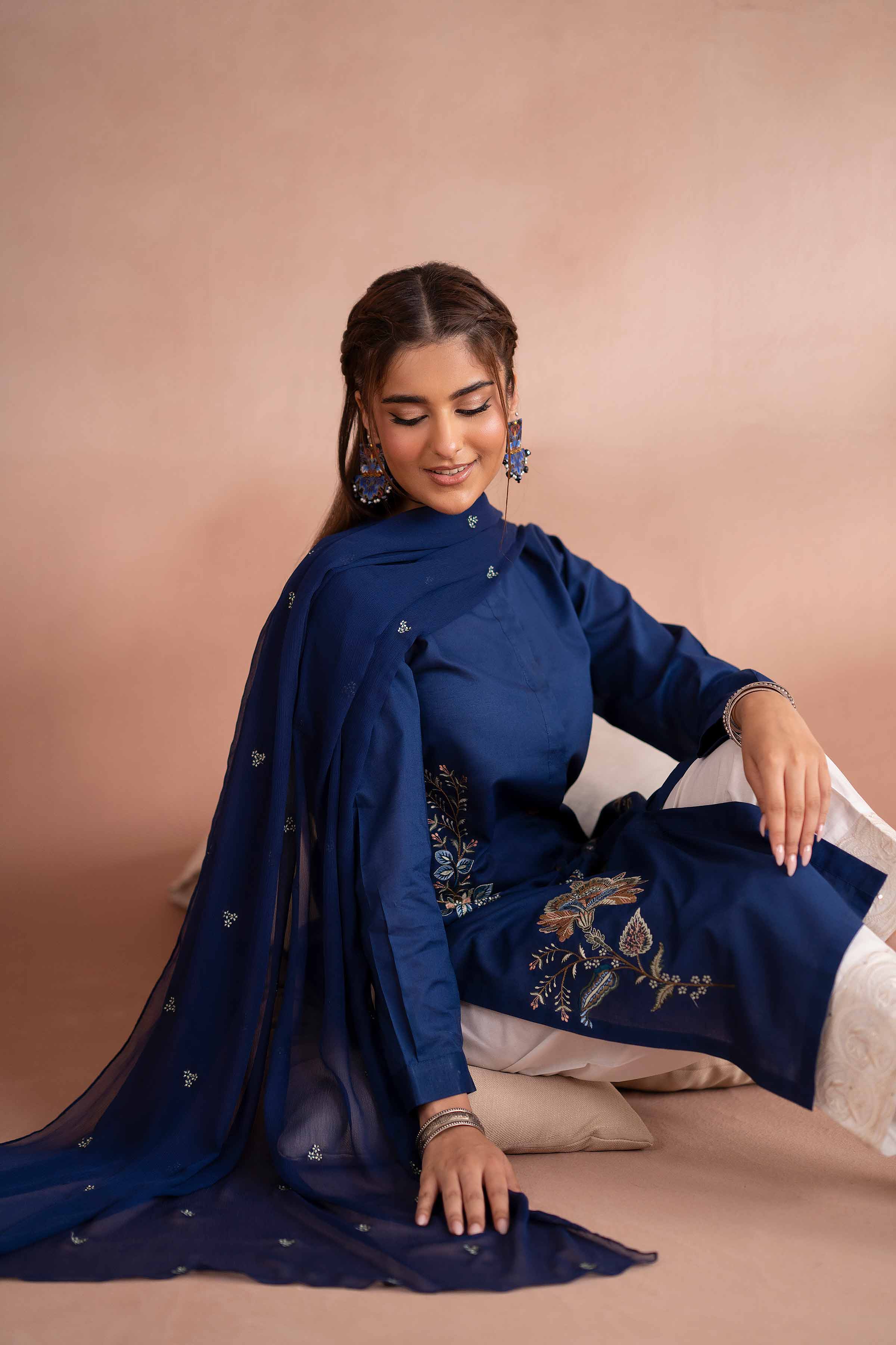 Embroidered Shirt - PS25-265 READY TO WEAR Blue Cambric 1PC Embroidered