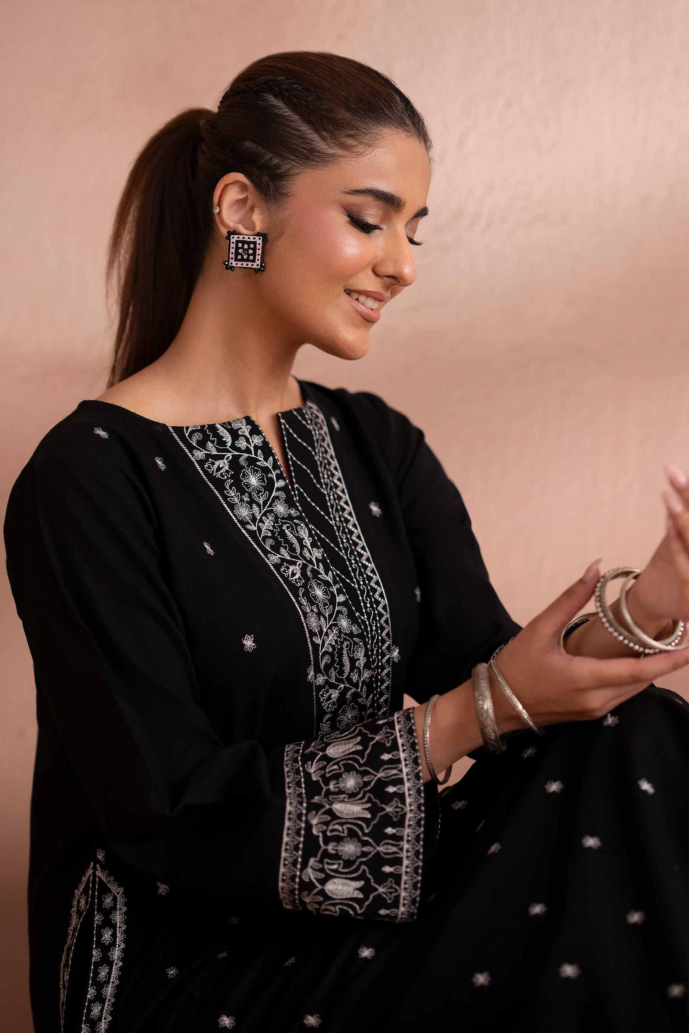 Embroidered Shirt - PS25-272 READY TO WEAR Black Yarn Dyed 1PC Embroidered