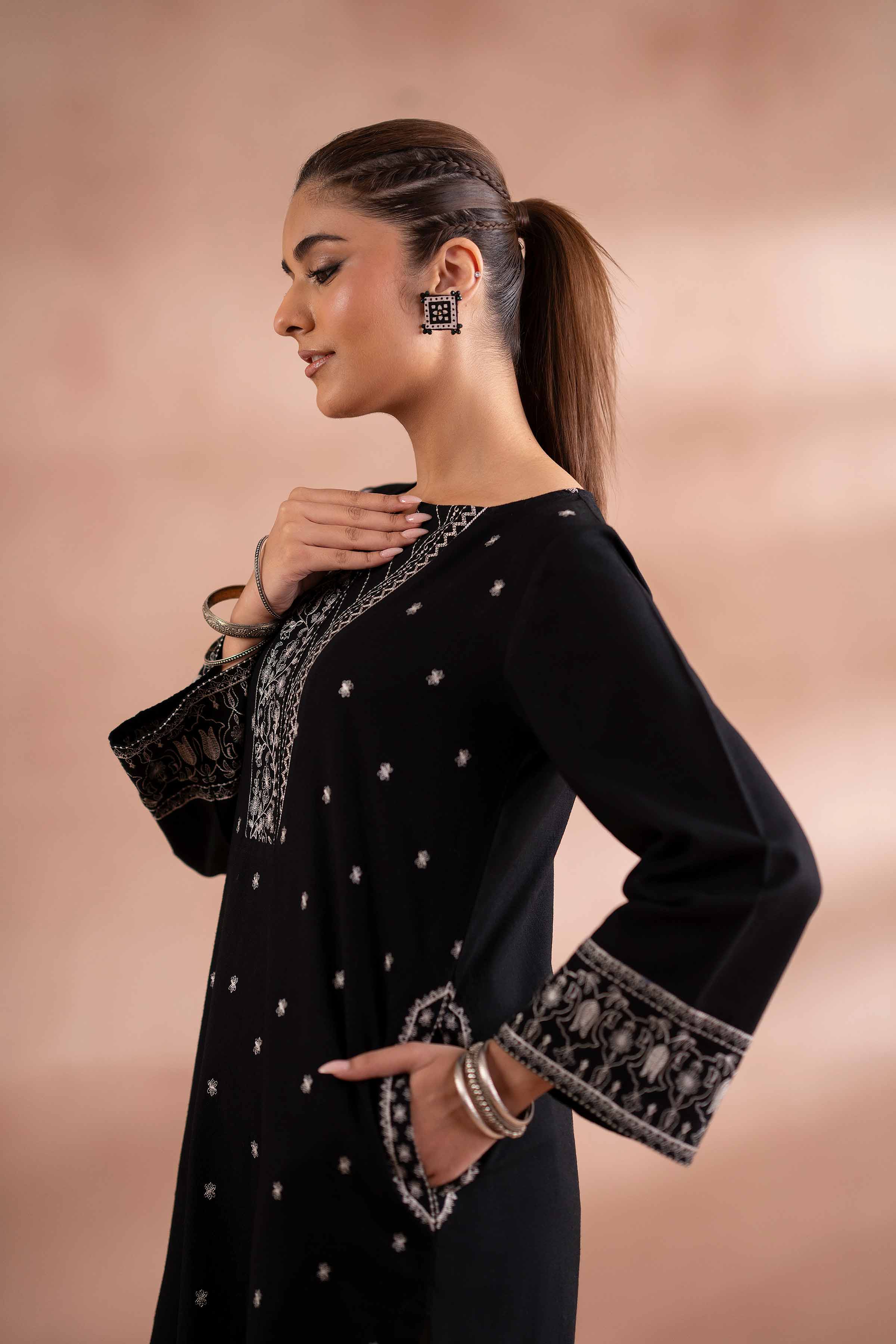Embroidered Shirt - PS25-272 READY TO WEAR Black Yarn Dyed 1PC Embroidered
