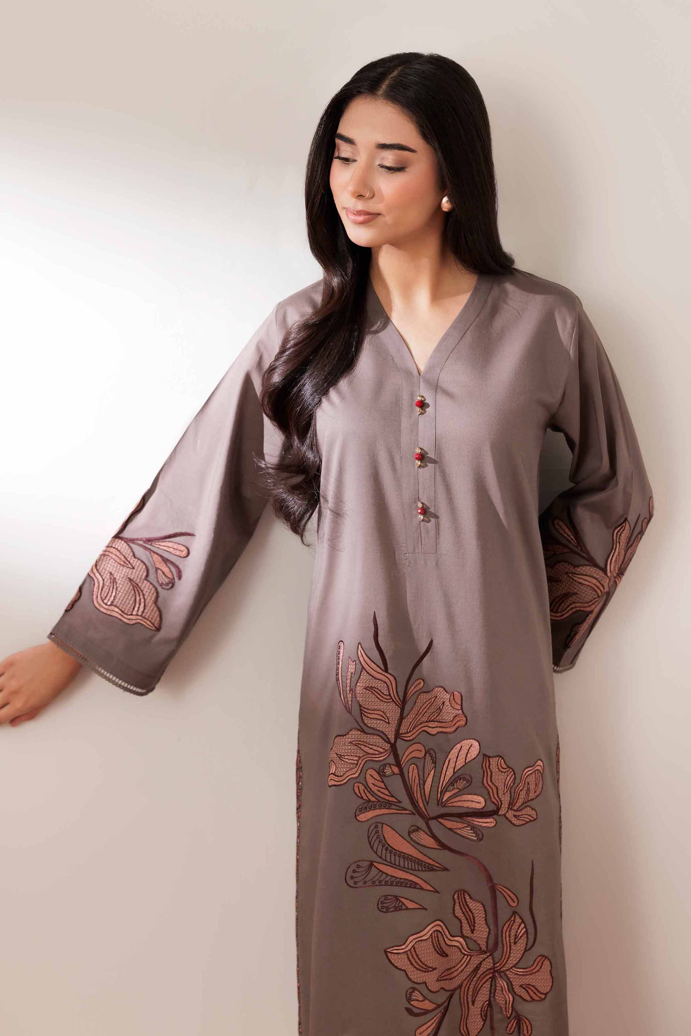 2 Piece - Embroidered Suit - PUS25-68 READY TO WEAR Brown Cambric 2PC Embroidered