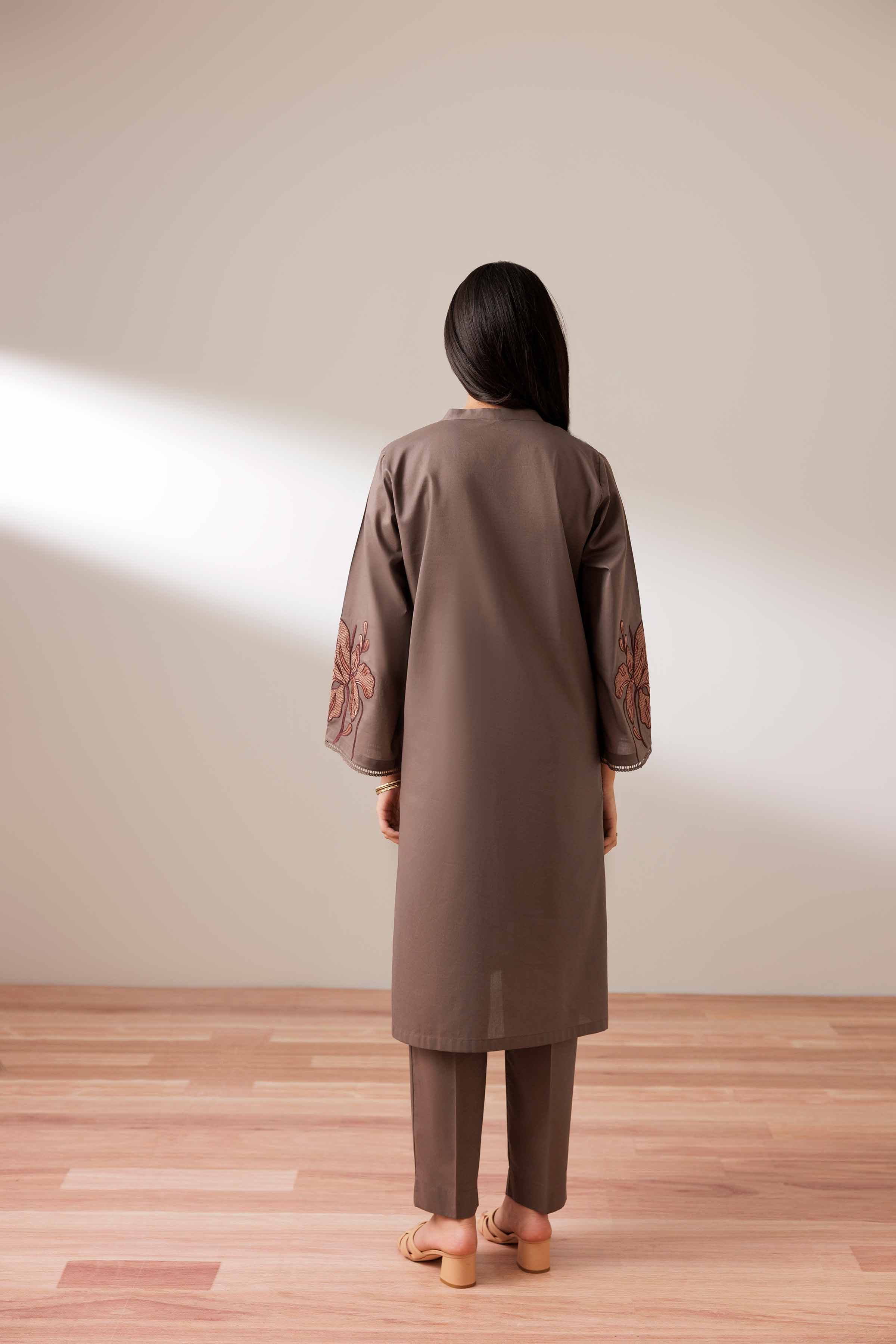 2 Piece - Embroidered Suit - PUS25-68 READY TO WEAR Brown Cambric 2PC Embroidered
