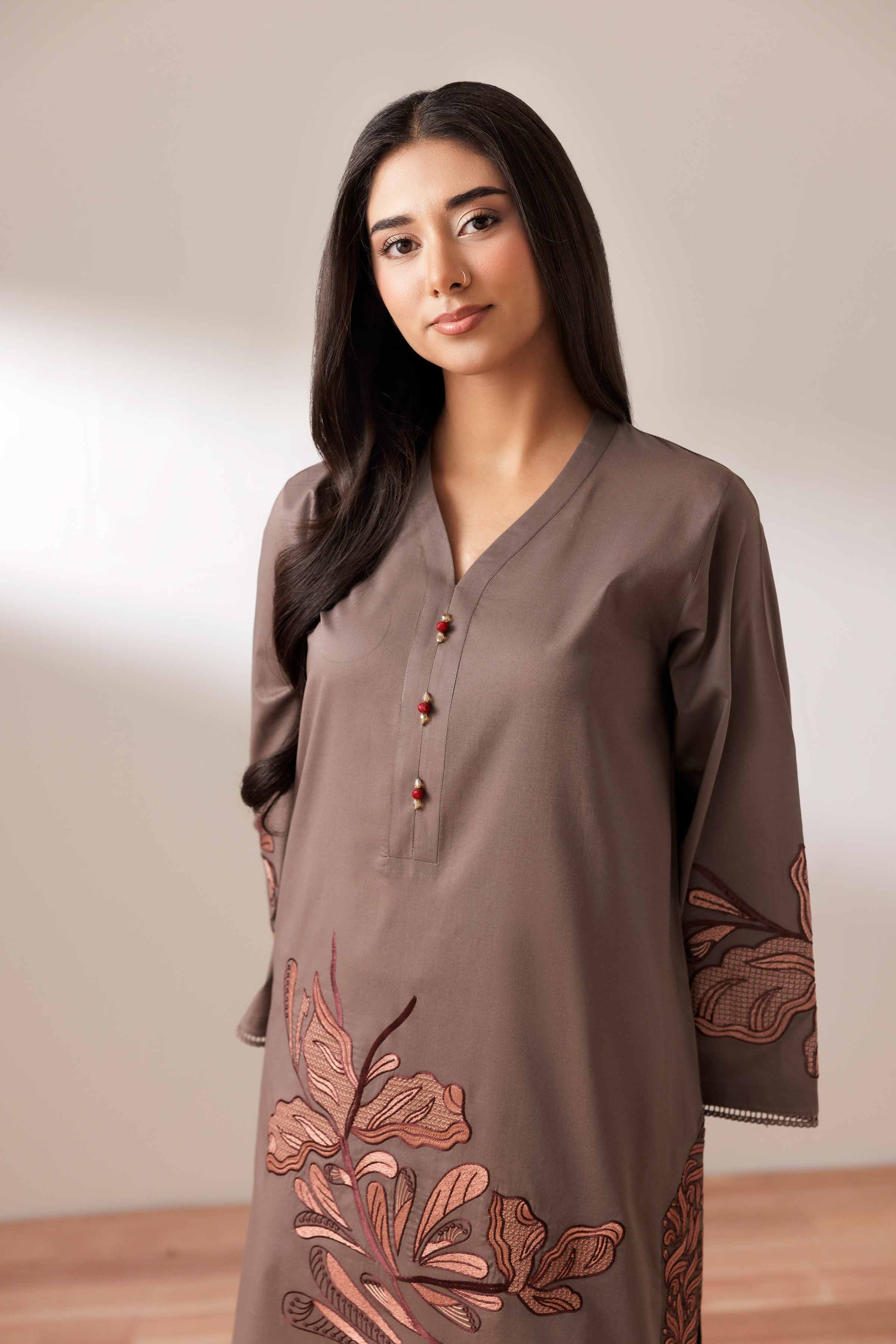 2 Piece - Embroidered Suit - PUS25-68 READY TO WEAR Brown Cambric 2PC Embroidered