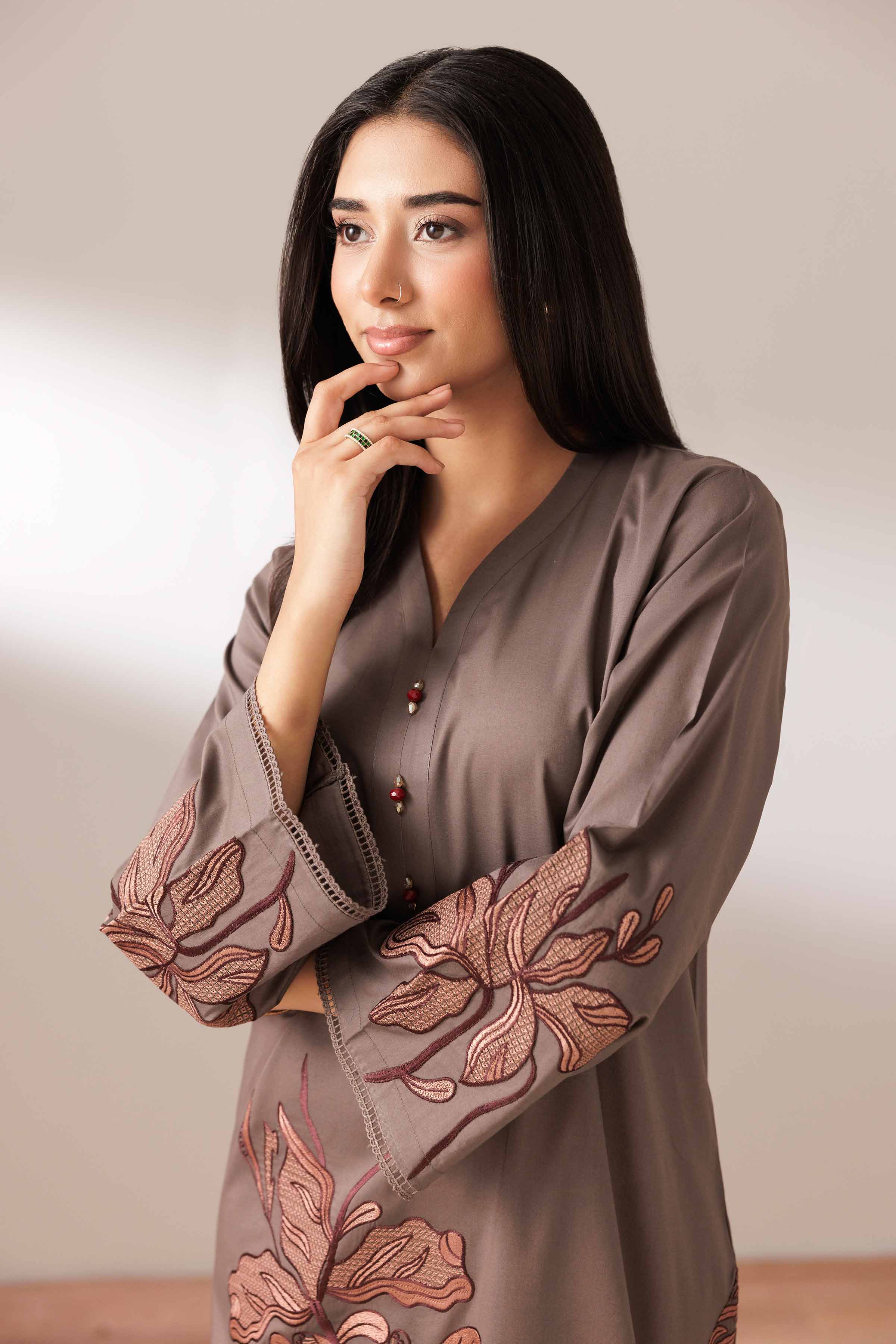 2 Piece - Embroidered Suit - PUS25-68 READY TO WEAR Brown Cambric 2PC Embroidered