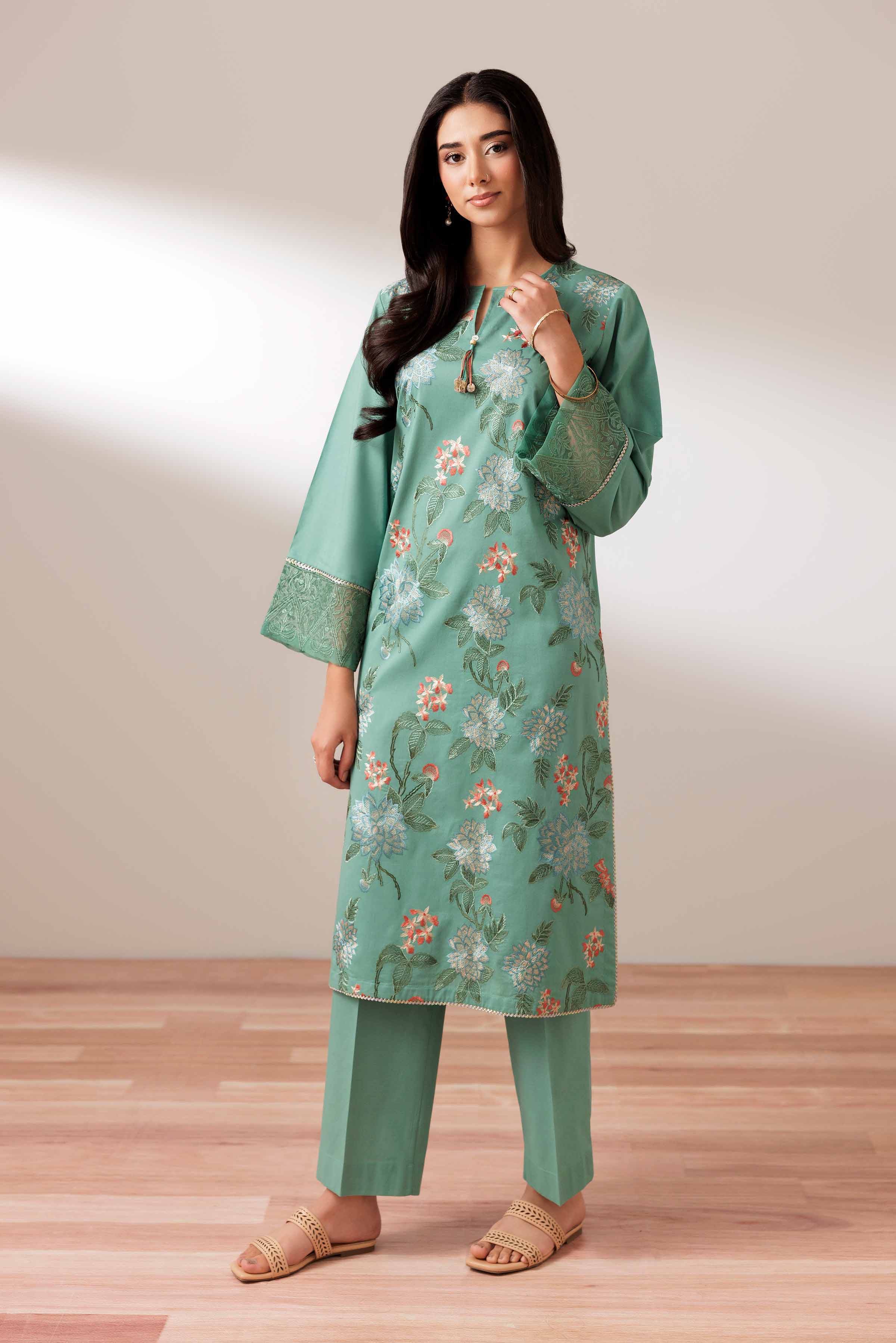 2 Piece - Embroidered Suit - PUS25-69 READY TO WEAR Green Cambric 2PC Embroidered