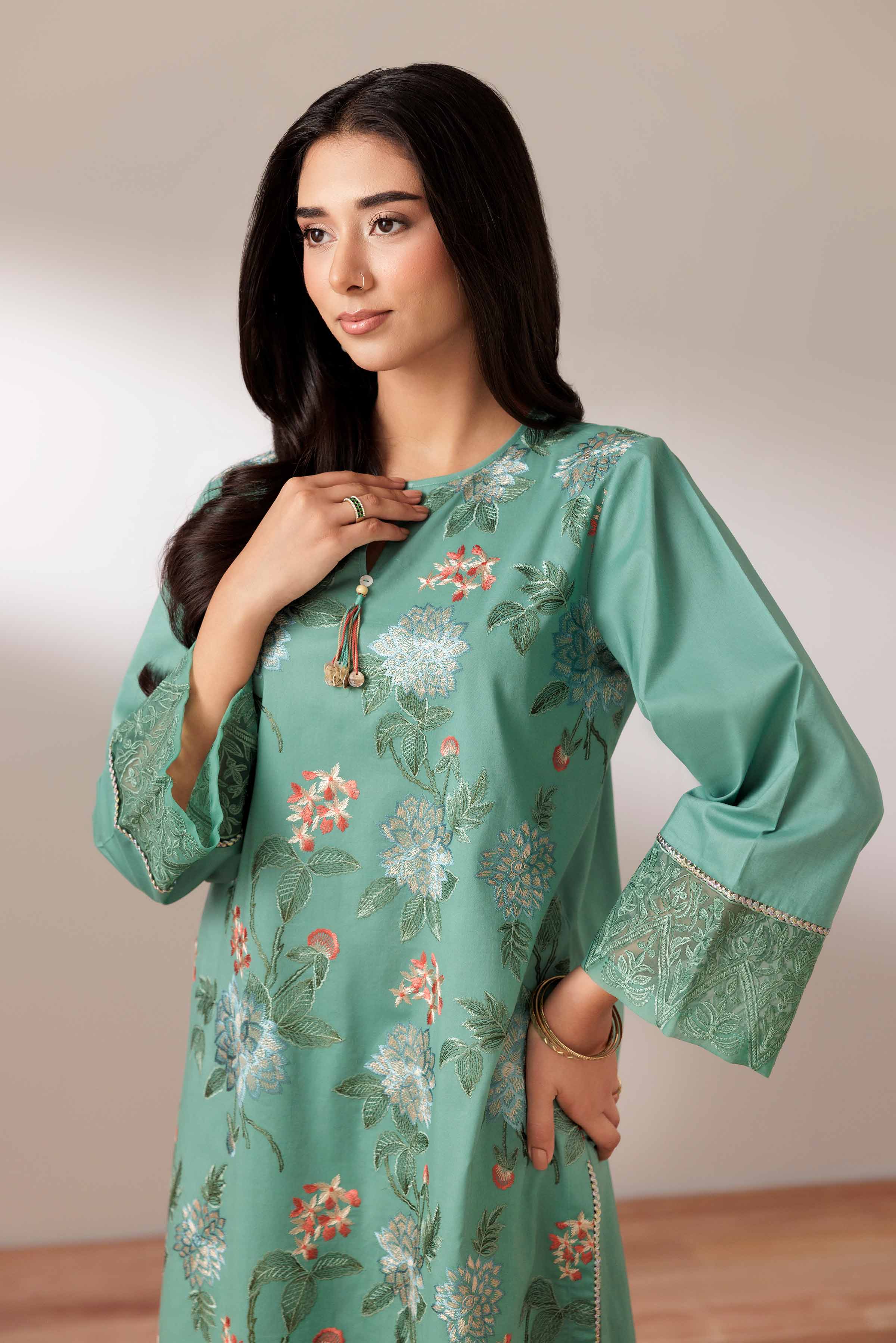 2 Piece - Embroidered Suit - PUS25-69 READY TO WEAR Green Cambric 2PC Embroidered
