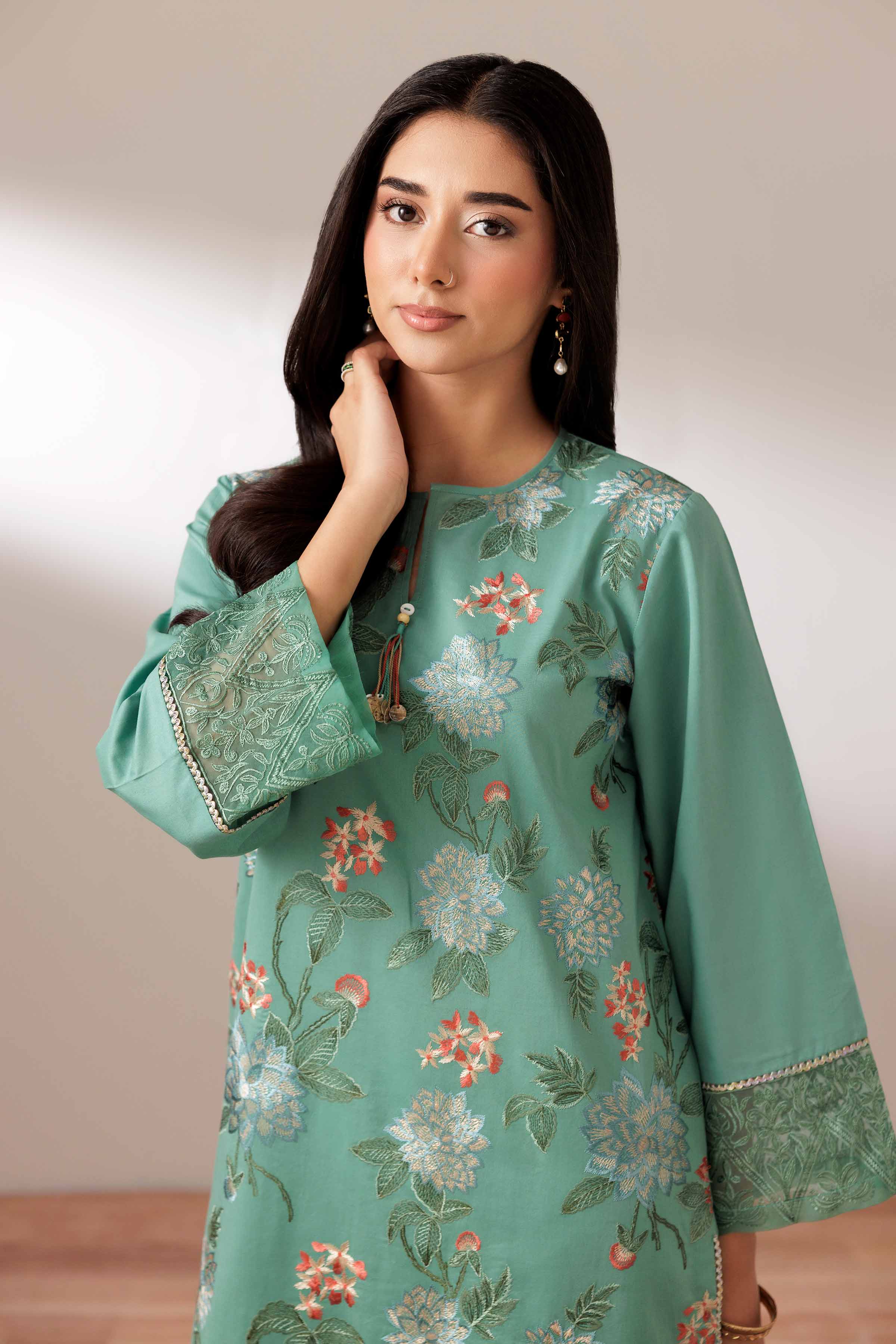 2 Piece - Embroidered Suit - PUS25-69 READY TO WEAR Green Cambric 2PC Embroidered