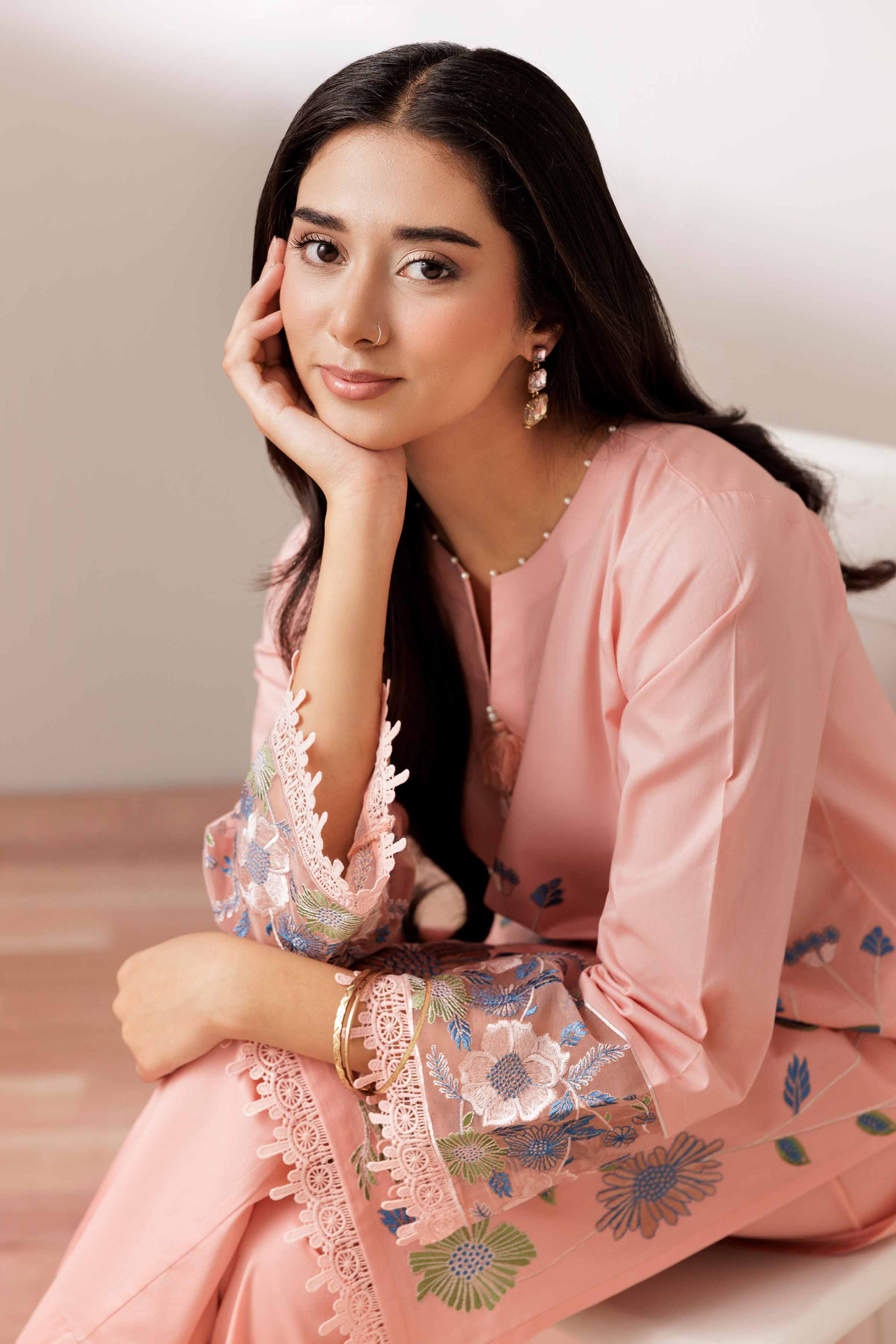 2 Piece - Embroidered Suit - PUS25-70 READY TO WEAR Pink Cambric 2PC Embroidered