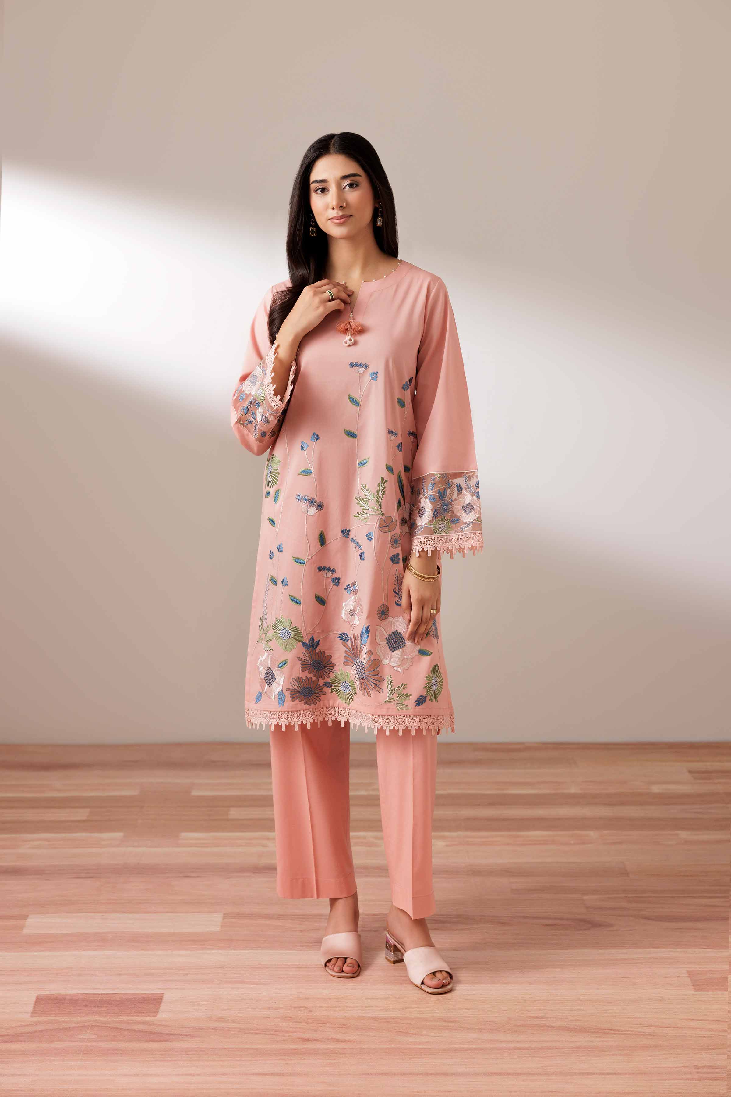 2 Piece - Embroidered Suit - PUS25-70 READY TO WEAR Pink Cambric 2PC Embroidered