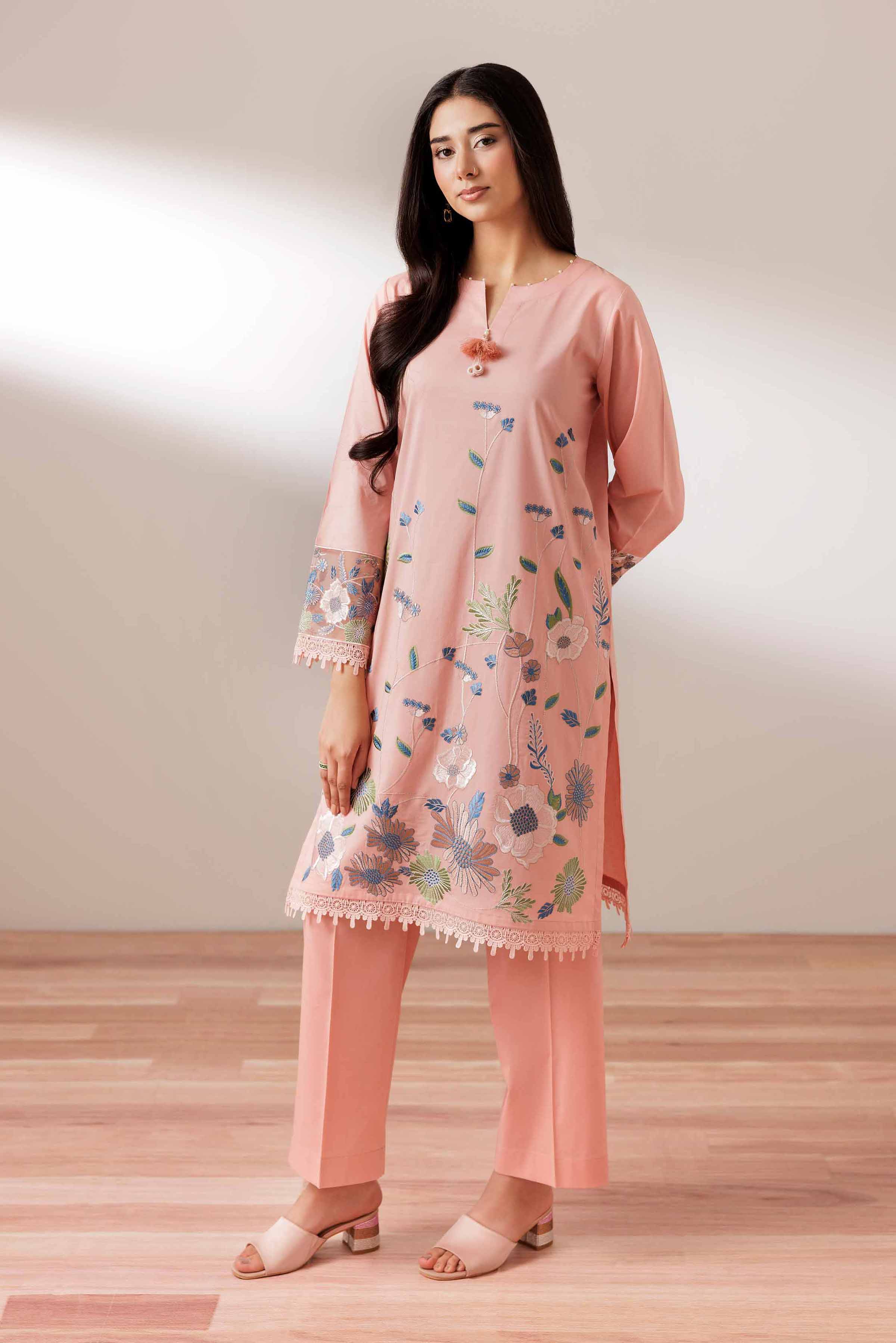 2 Piece - Embroidered Suit - PUS25-70 READY TO WEAR Pink Cambric 2PC Embroidered
