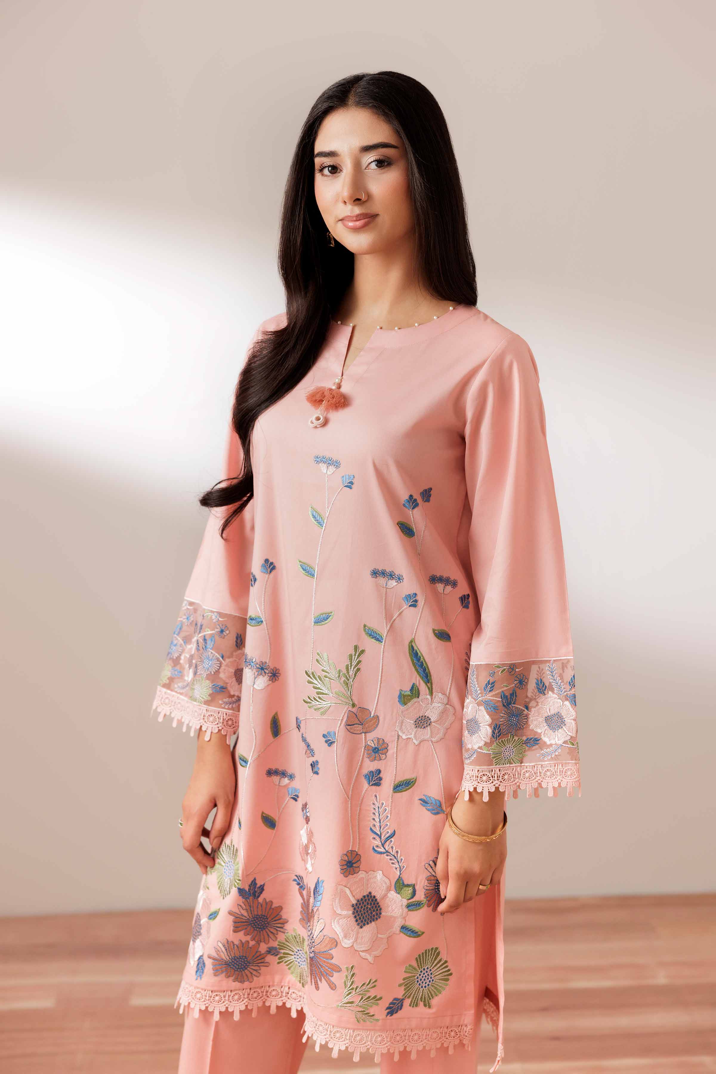 2 Piece - Embroidered Suit - PUS25-70 READY TO WEAR Pink Cambric 2PC Embroidered