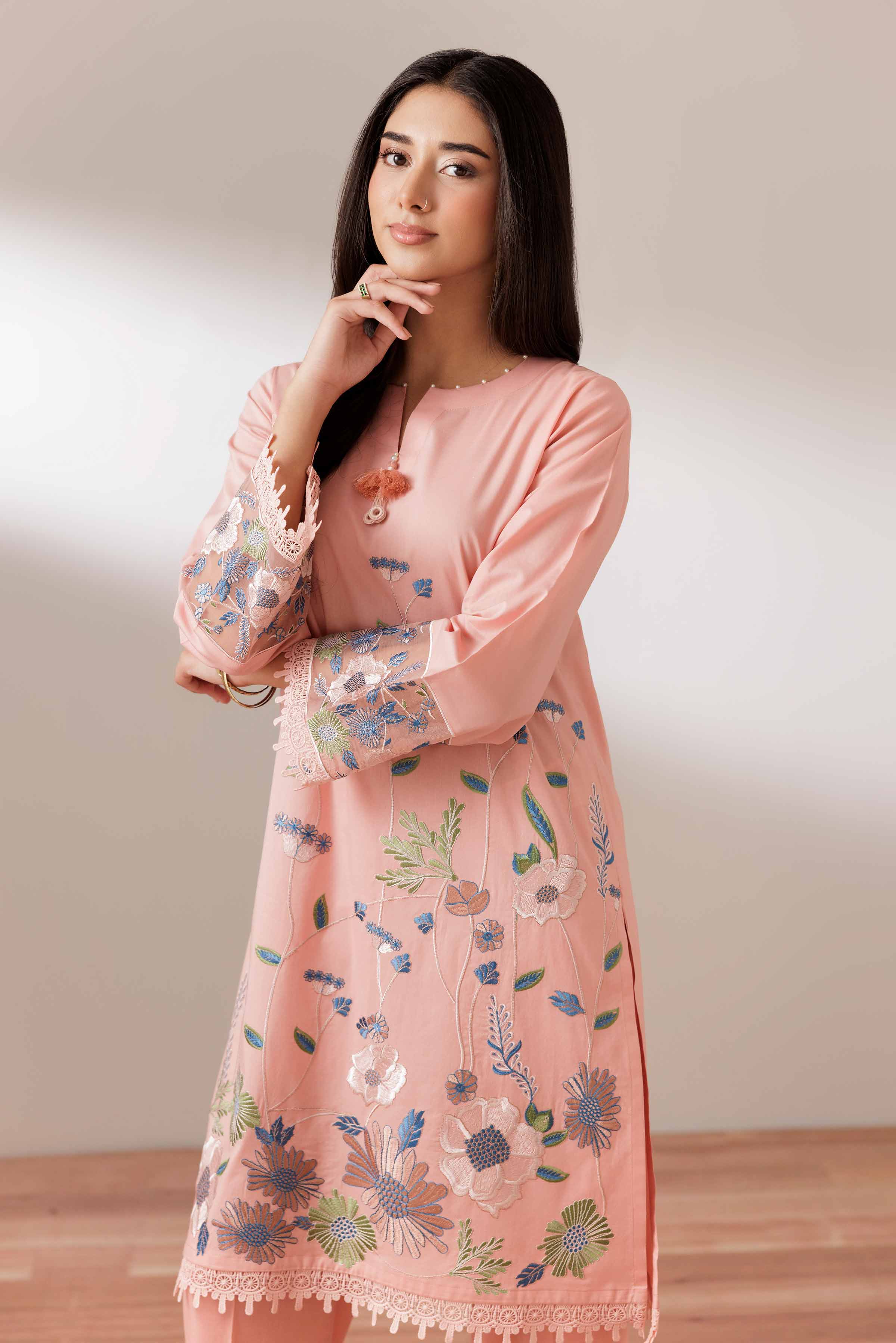 2 Piece - Embroidered Suit - PUS25-70 READY TO WEAR Pink Cambric 2PC Embroidered