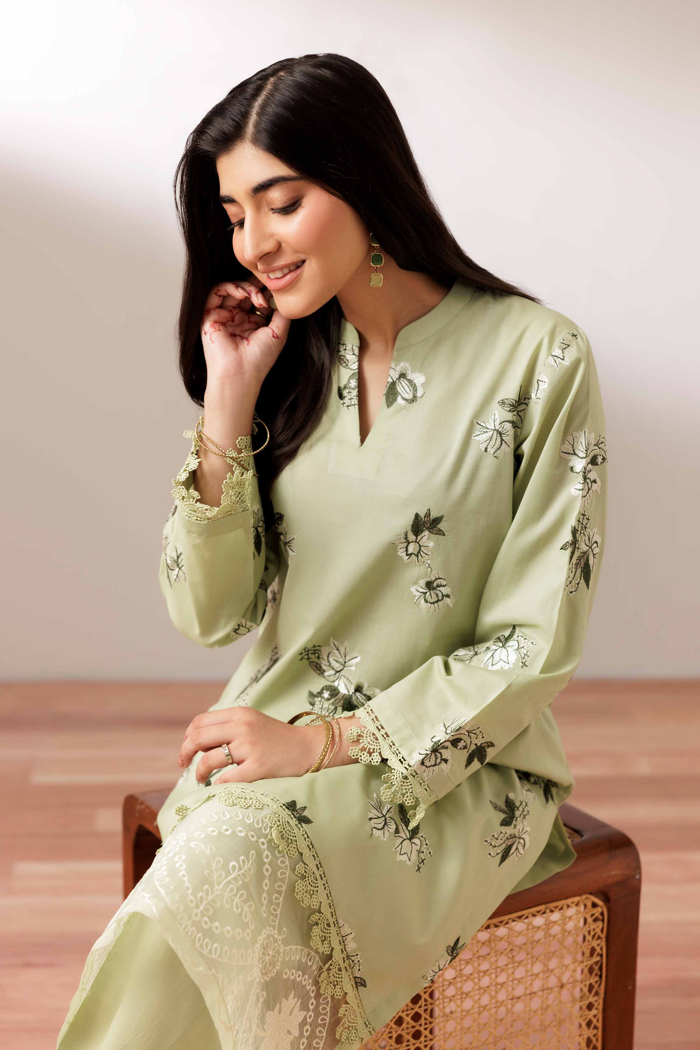 2 Piece - Embroidered Suit - PUS25-71 READY TO WEAR Green Cambric 2PC Embroidered