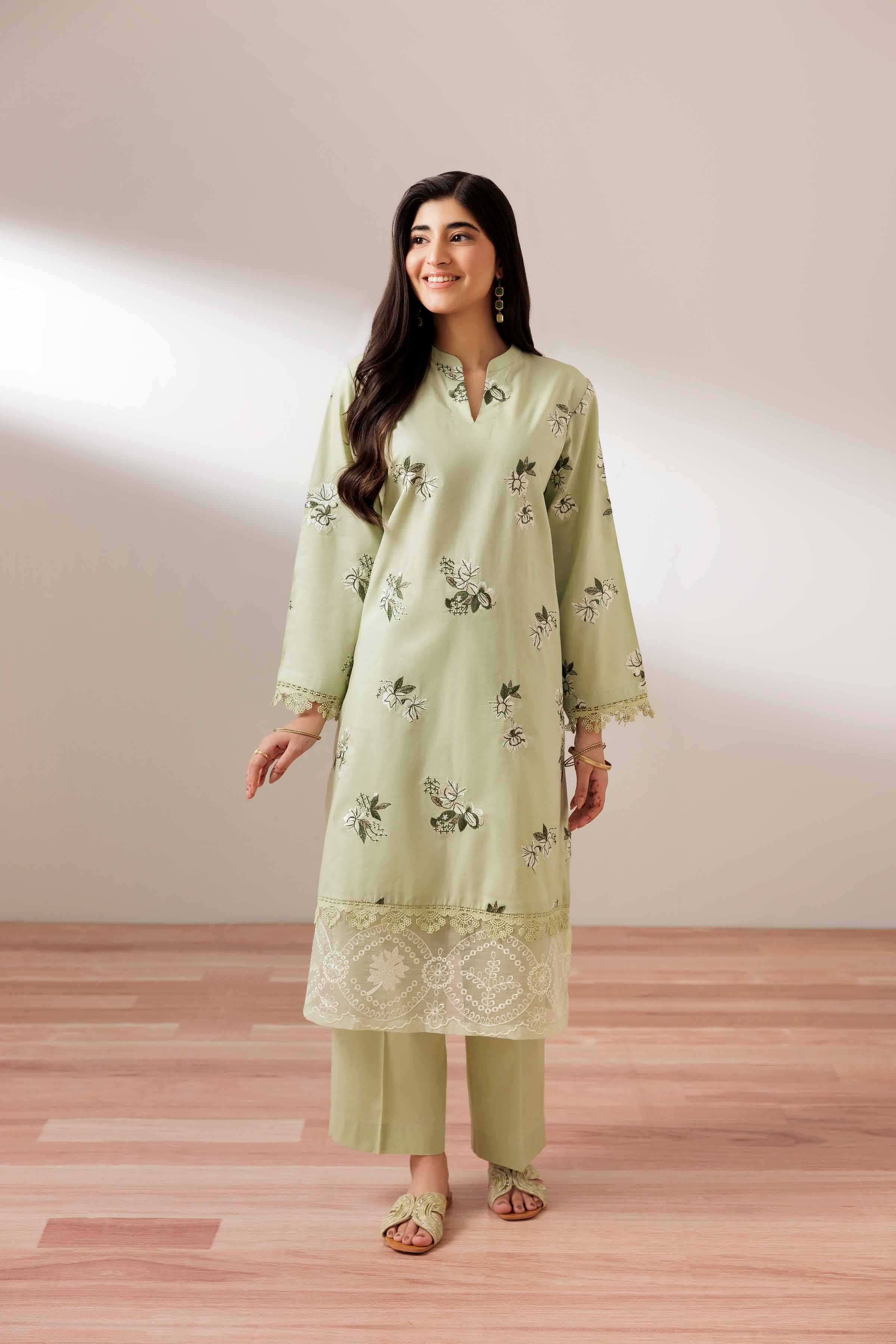 2 Piece - Embroidered Suit - PUS25-71 READY TO WEAR Green Cambric 2PC Embroidered