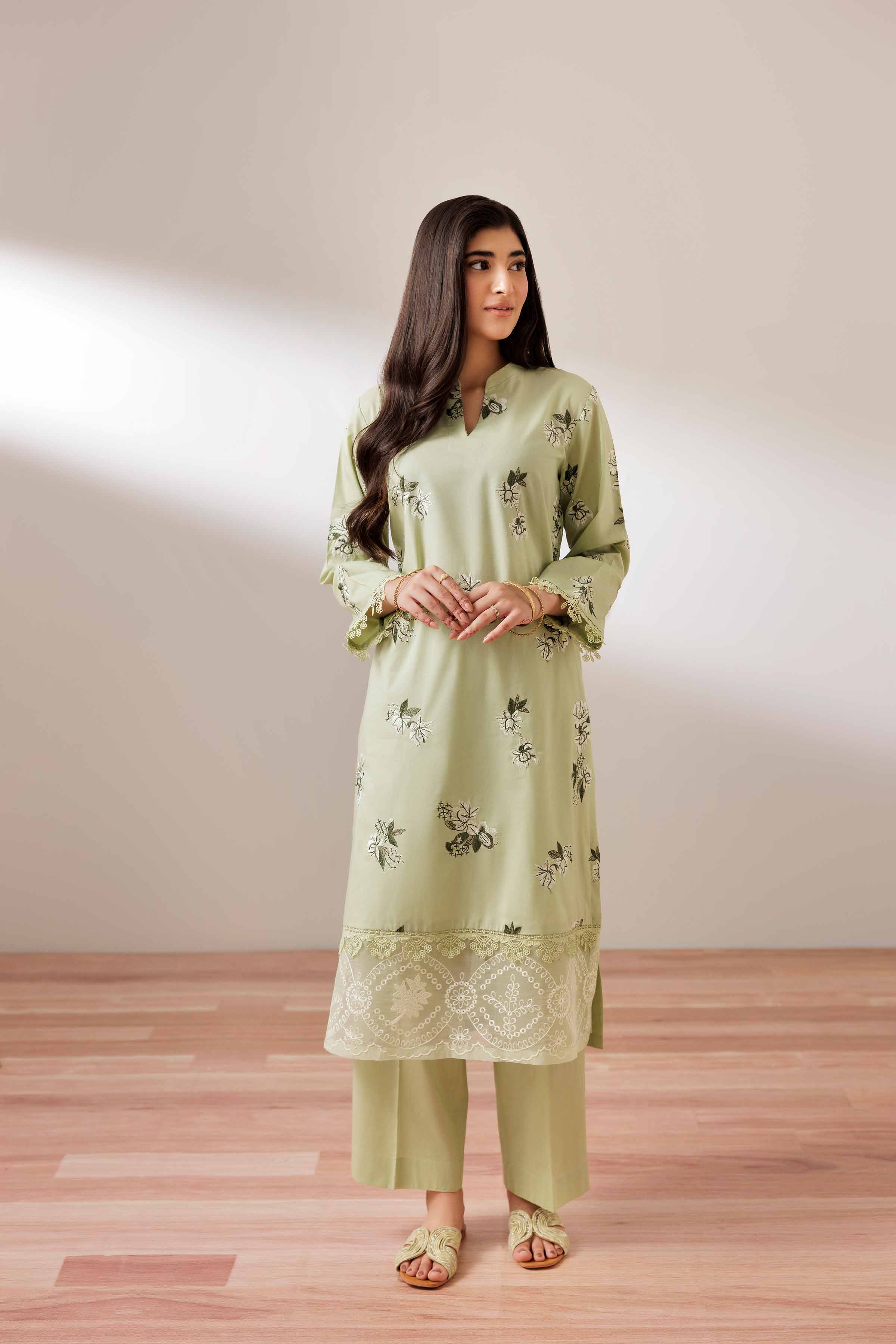 2 Piece - Embroidered Suit - PUS25-71 READY TO WEAR Green Cambric 2PC Embroidered